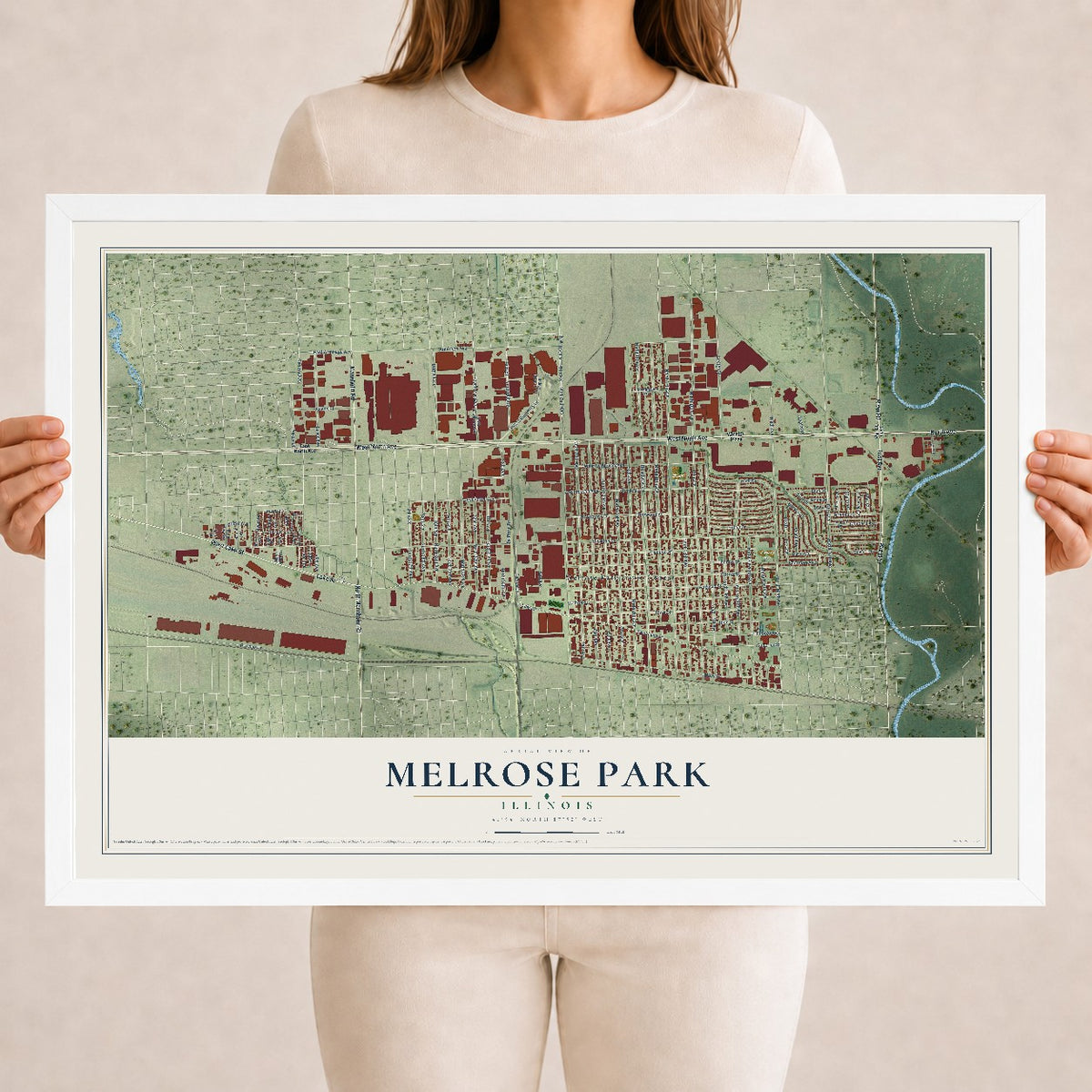 Map of Melrose Park, Illinois, 18 x 24 inch print in a white wood frame