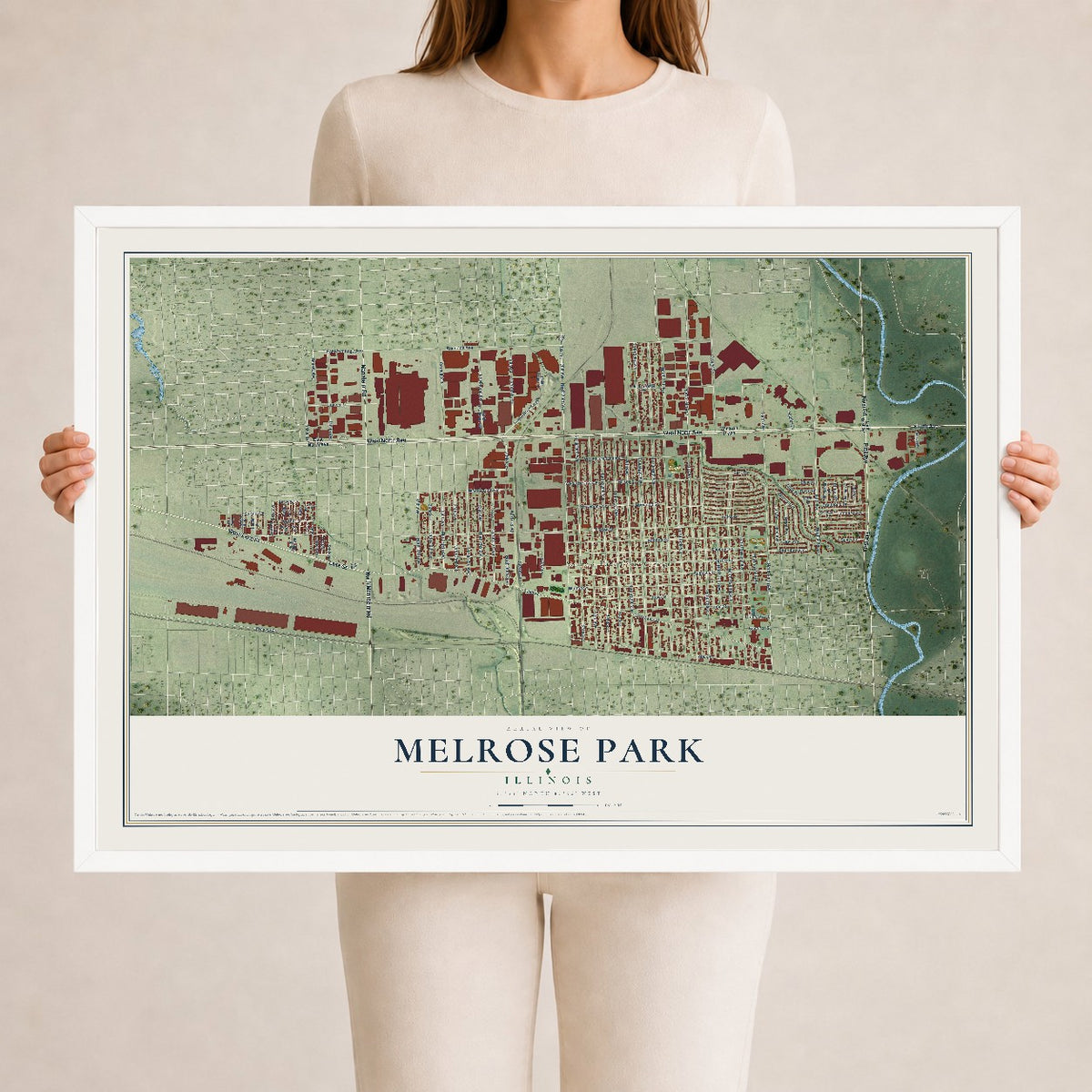 Map of Melrose Park, Illinois, 24 x 36 inch print in a white wood frame