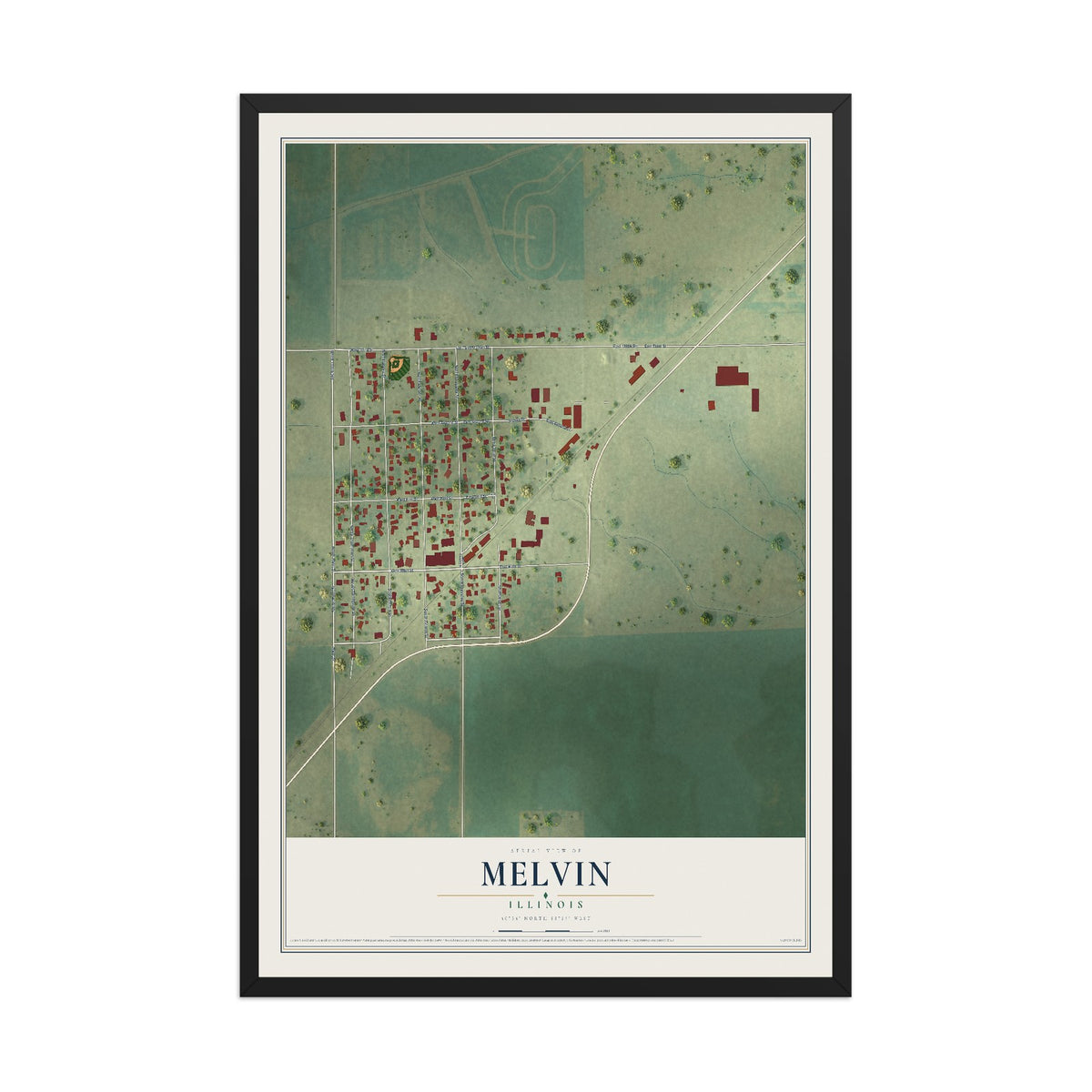 Map of Melvin, Illinois, 12 x 18 inch print in a black wood frame