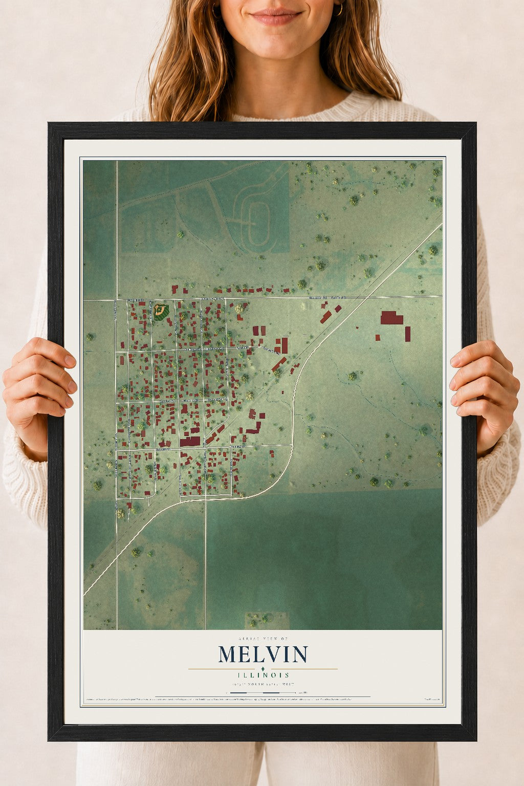 Map of Melvin, Illinois, 18 x 24 inch print in a black wood frame