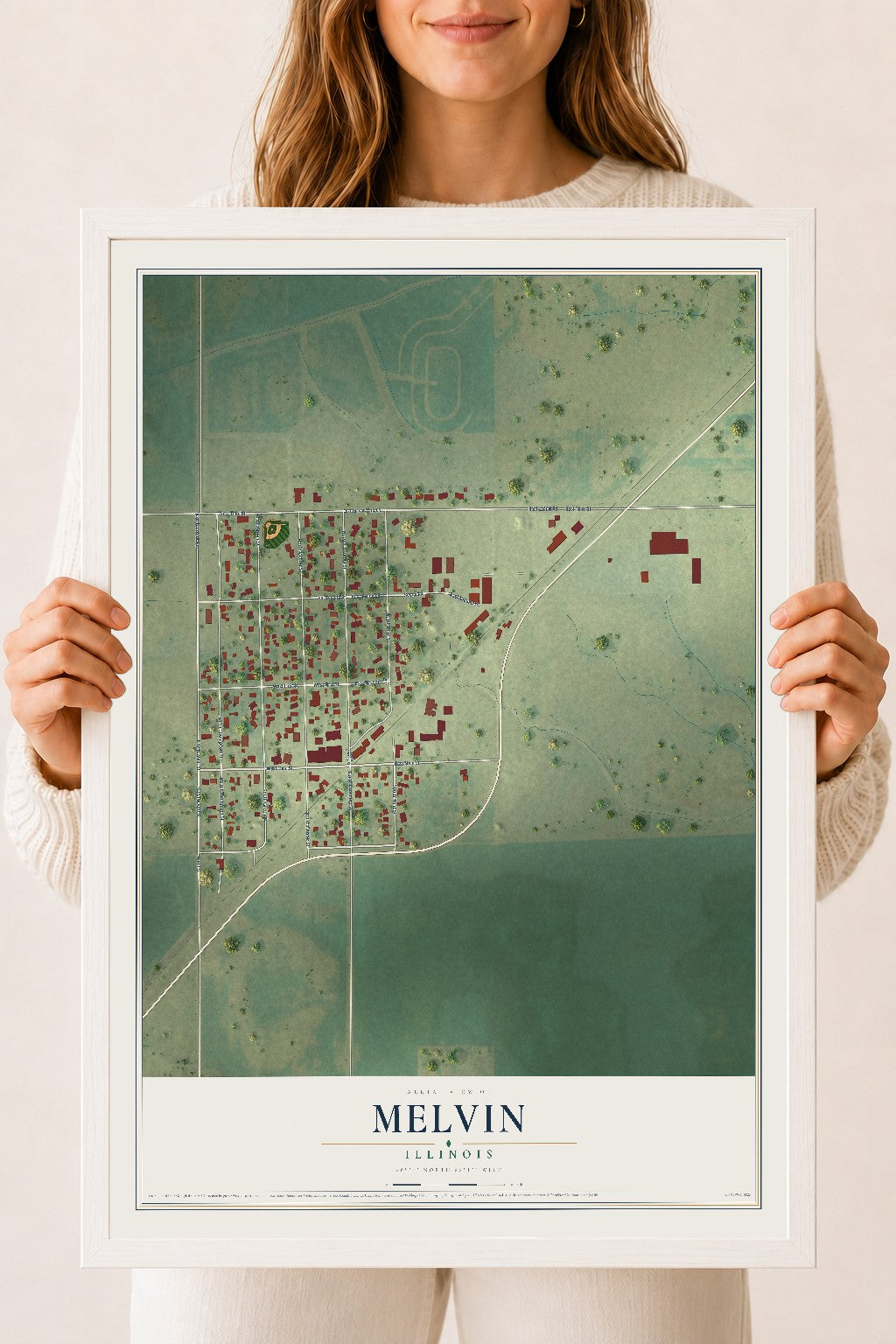 Map of Melvin, Illinois, 18 x 24 inch print in a white wood frame