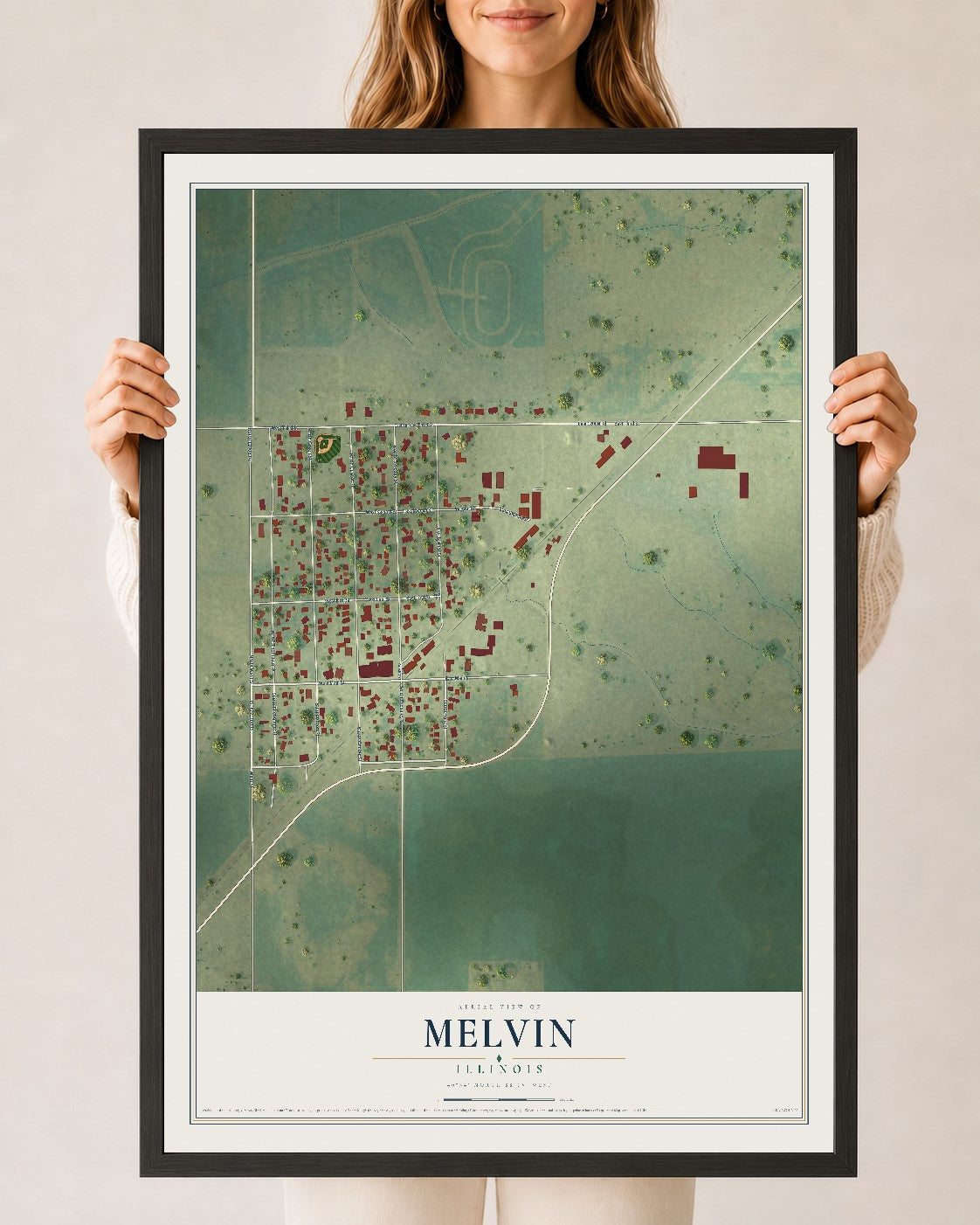 Map of Melvin, Illinois, 24 x 36 inch print in a black wood frame