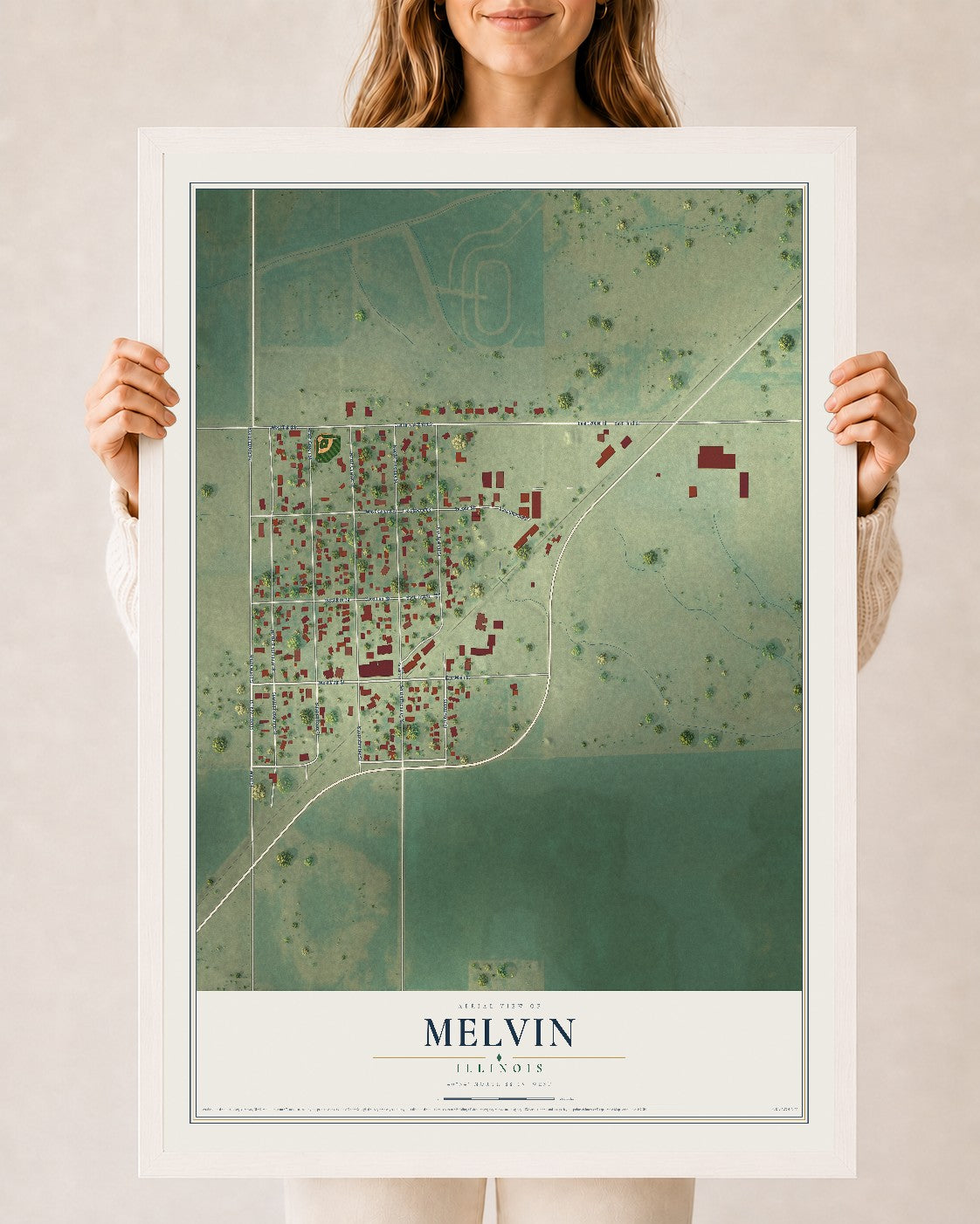 Map of Melvin, Illinois, 24 x 36 inch print in a white wood frame