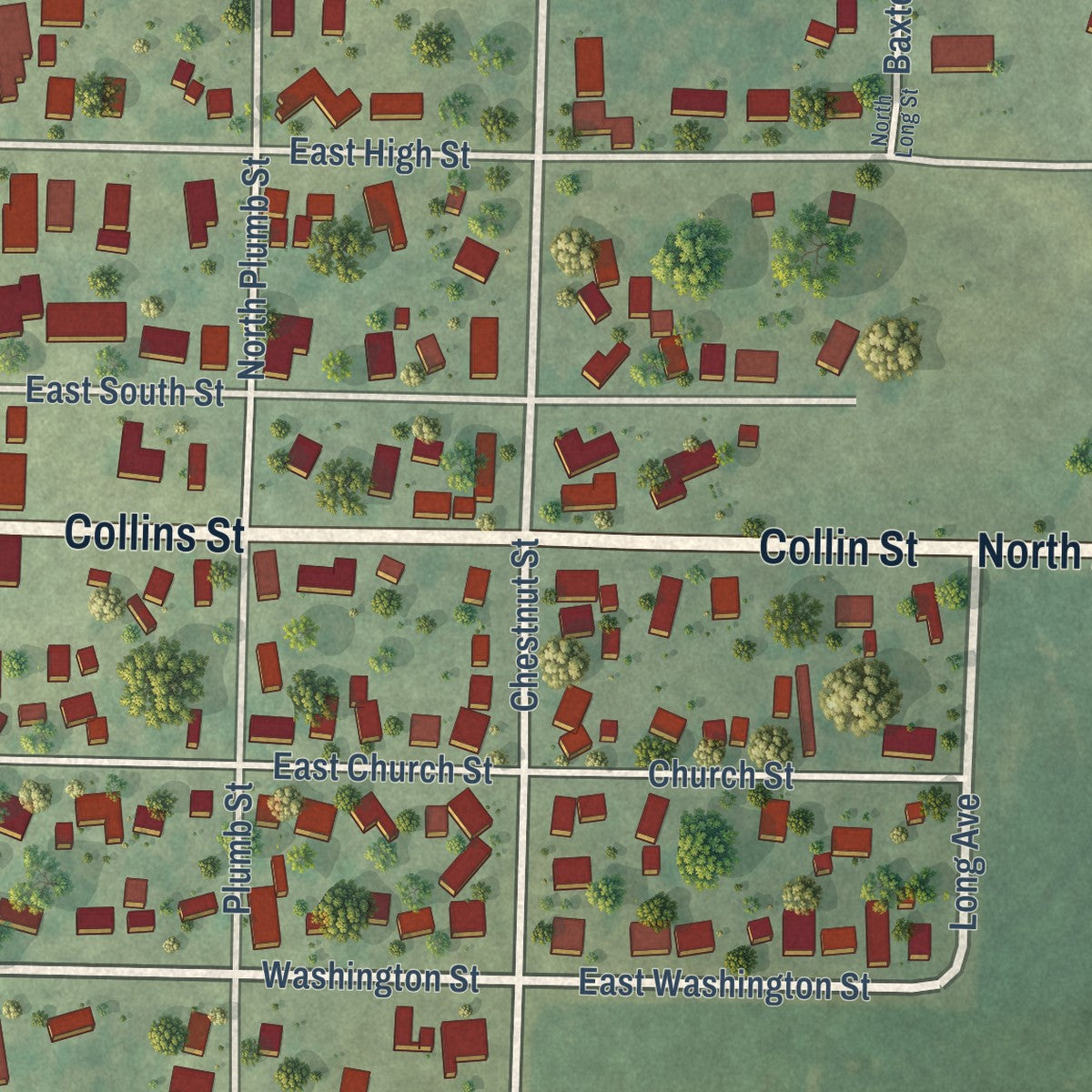 Close-up of the map of Mendon, Illinois print showing street and building detail