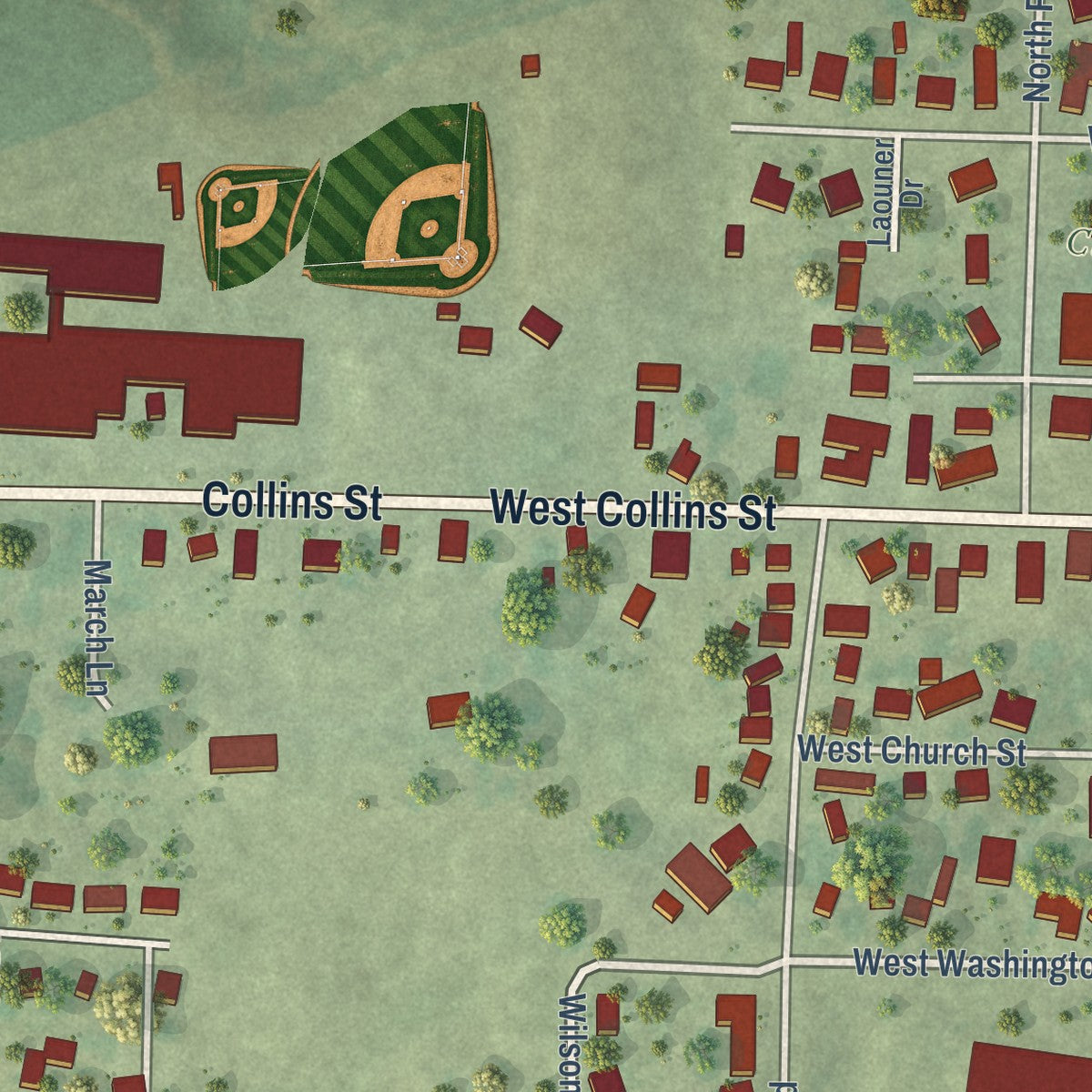 Second close-up of the map of Mendon, Illinois print showing more streets and buildings