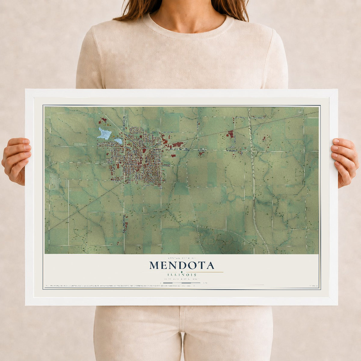 Map of Mendota, Illinois, 12 x 18 inch print in a white wood frame