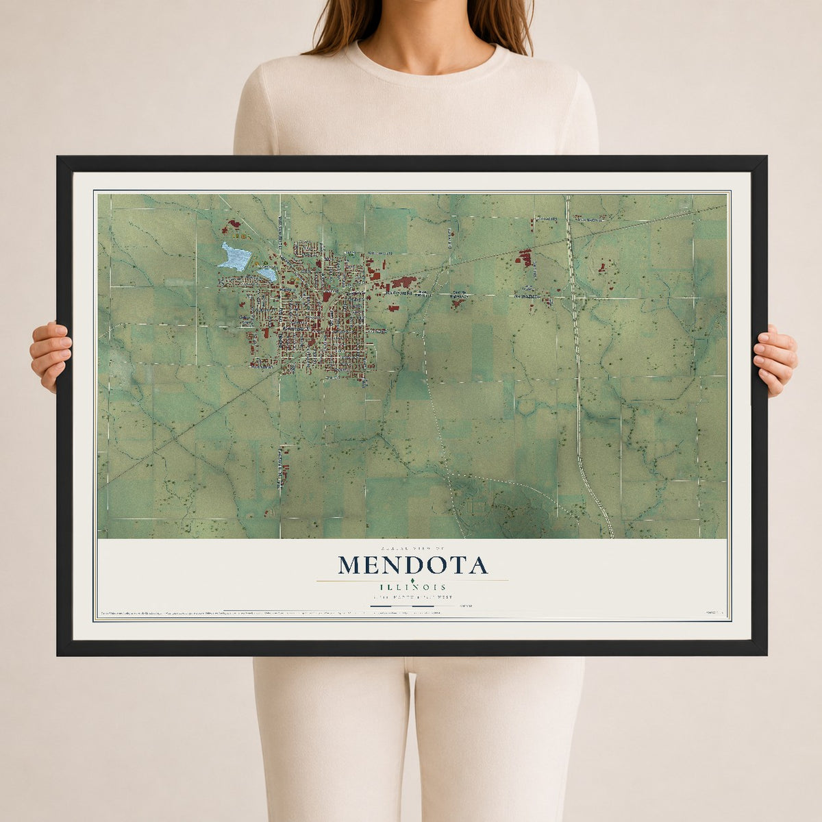 Map of Mendota, Illinois, 24 x 36 inch print in a black wood frame