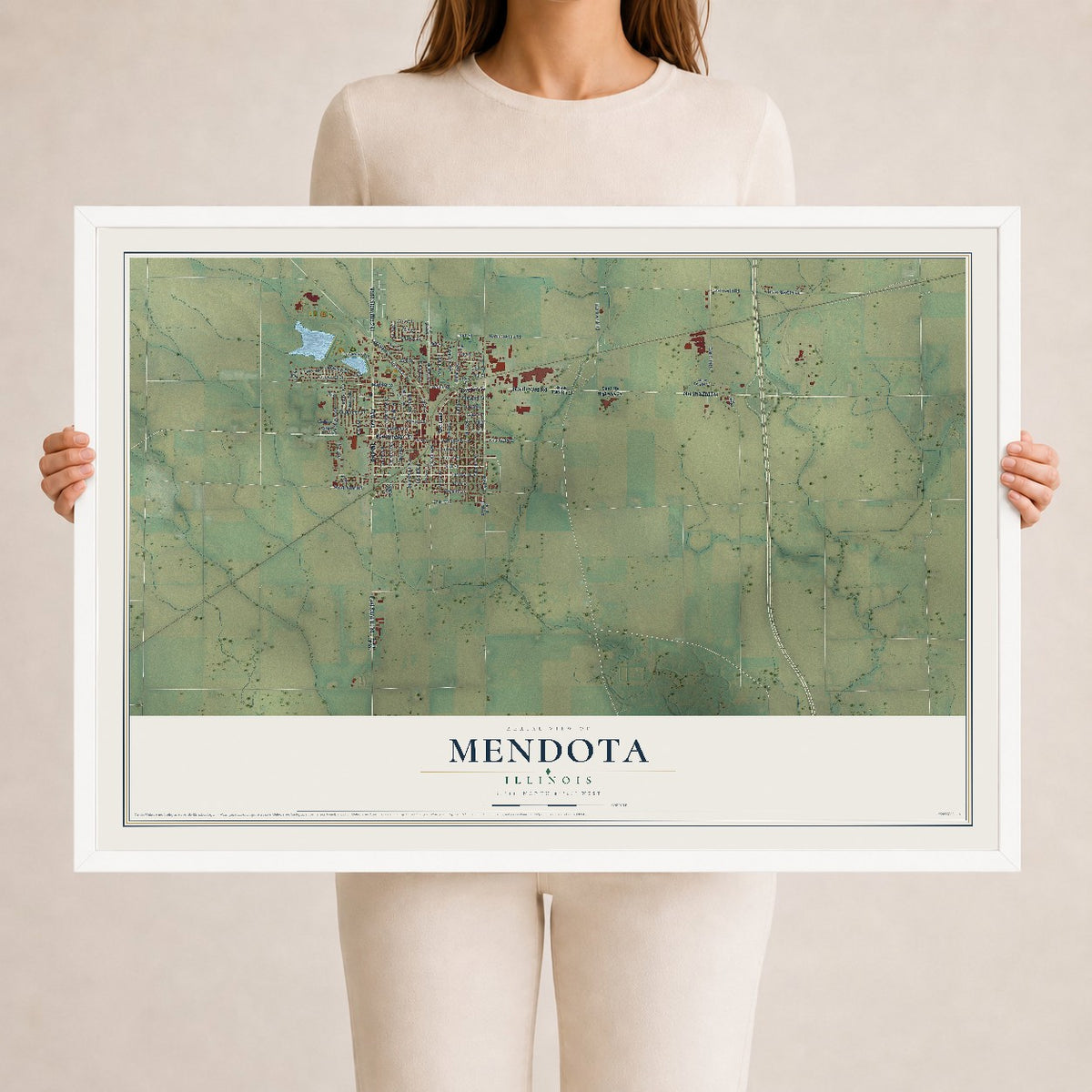 Map of Mendota, Illinois, 24 x 36 inch print in a white wood frame