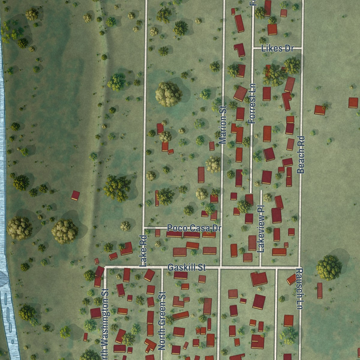 Second close-up of the map of Meredosia, Illinois print showing more streets and buildings