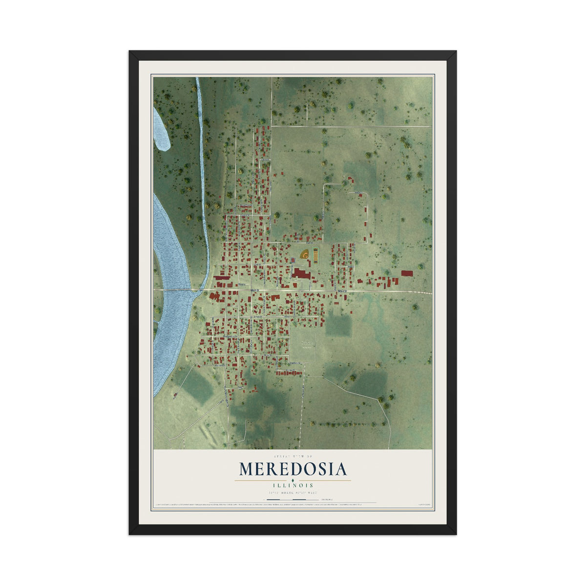Map of Meredosia, Illinois, 12 x 18 inch print in a black wood frame