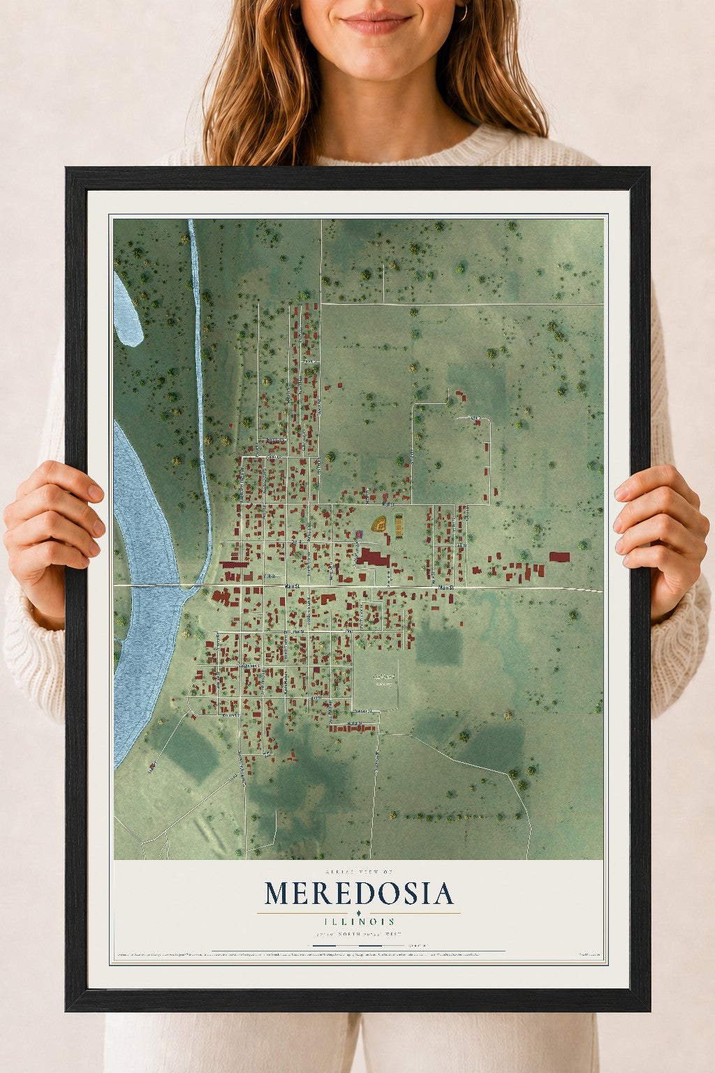 Map of Meredosia, Illinois, 18 x 24 inch print in a black wood frame