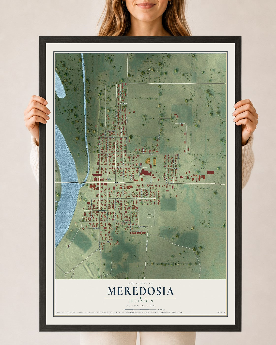 Map of Meredosia, Illinois, 24 x 36 inch print in a black wood frame