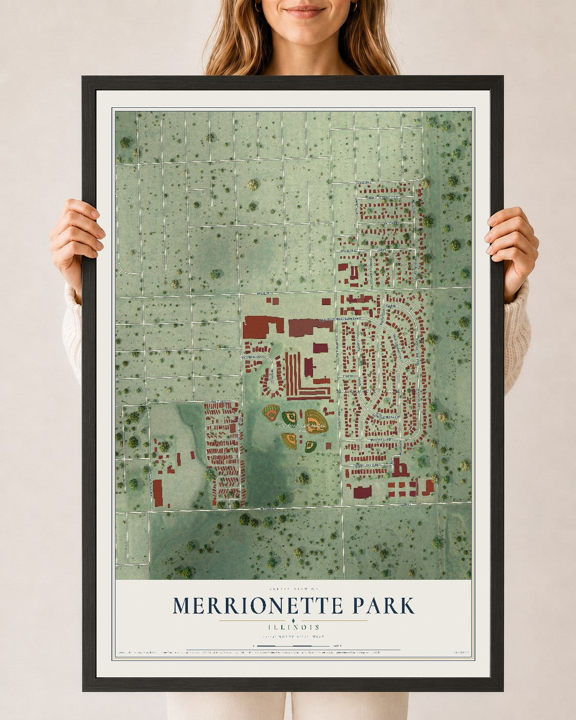 Map of Merrionette Park, Illinois, 24 x 36 inch print in a black wood frame