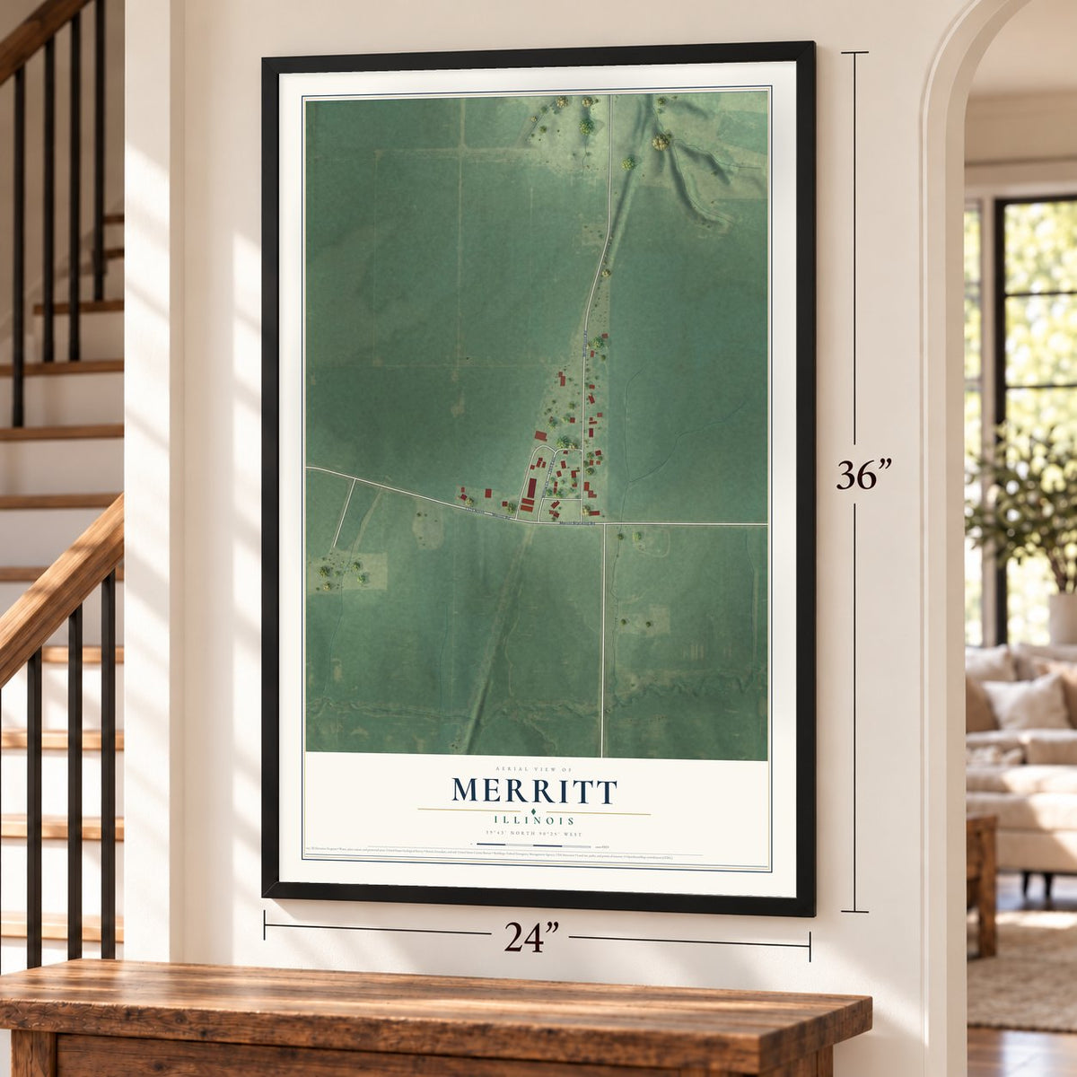 Merritt, Illinois map, 24 x 36 inch print in a black frame by a staircase