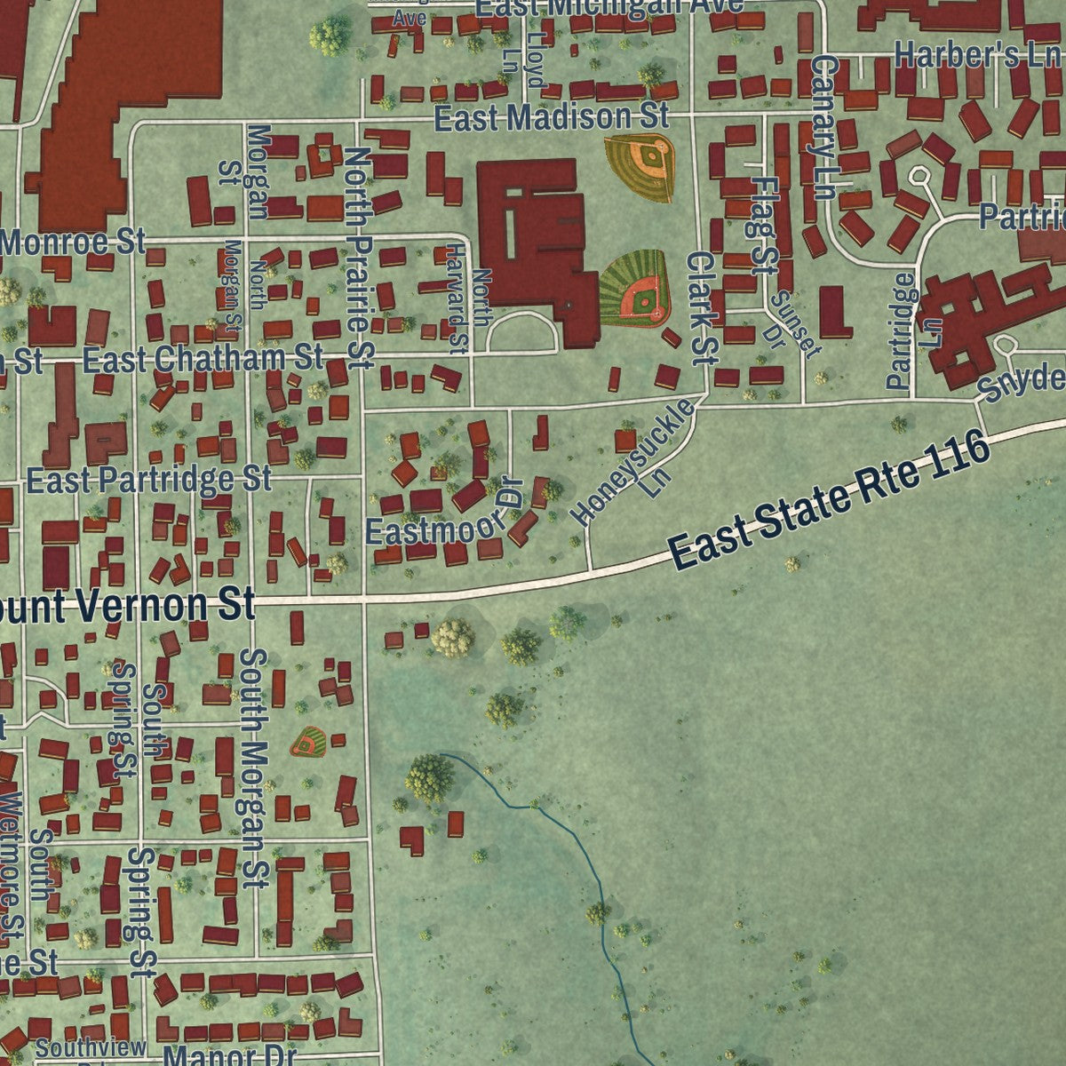 Second close-up of the map of Metamora, Illinois print showing more streets and buildings