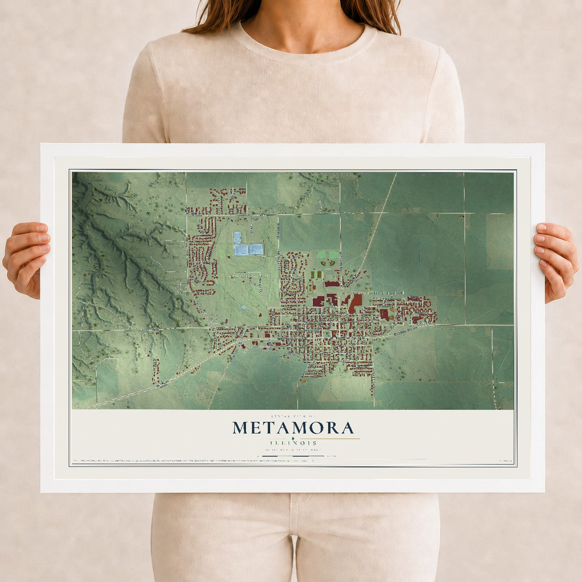 Map of Metamora, Illinois, 12 x 18 inch print in a white wood frame