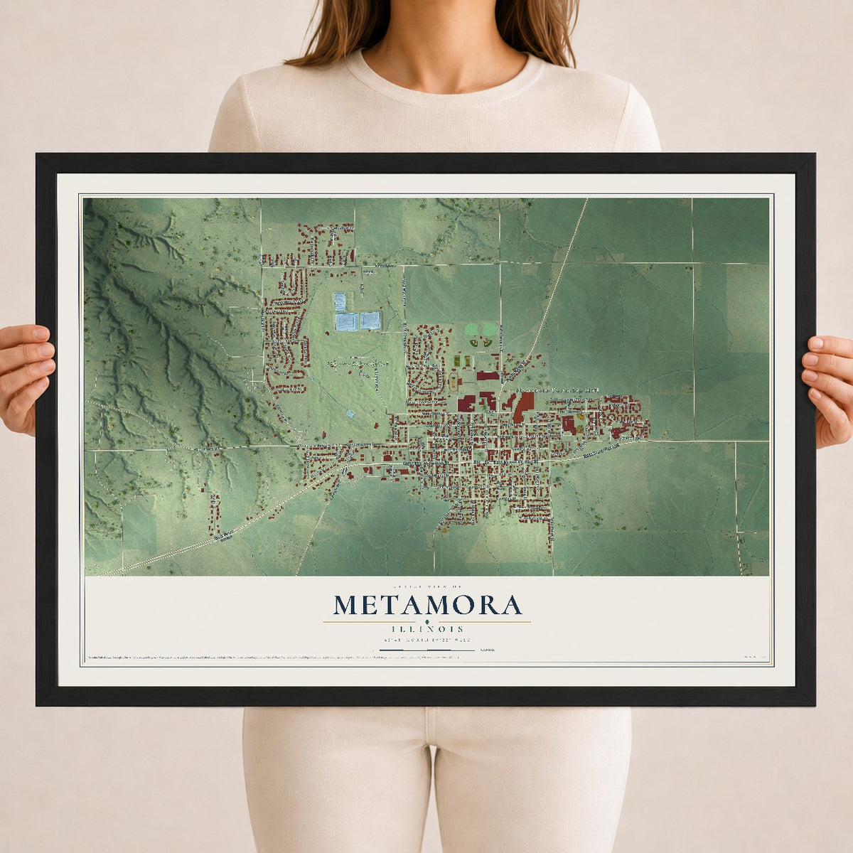 Map of Metamora, Illinois, 18 x 24 inch print in a black wood frame