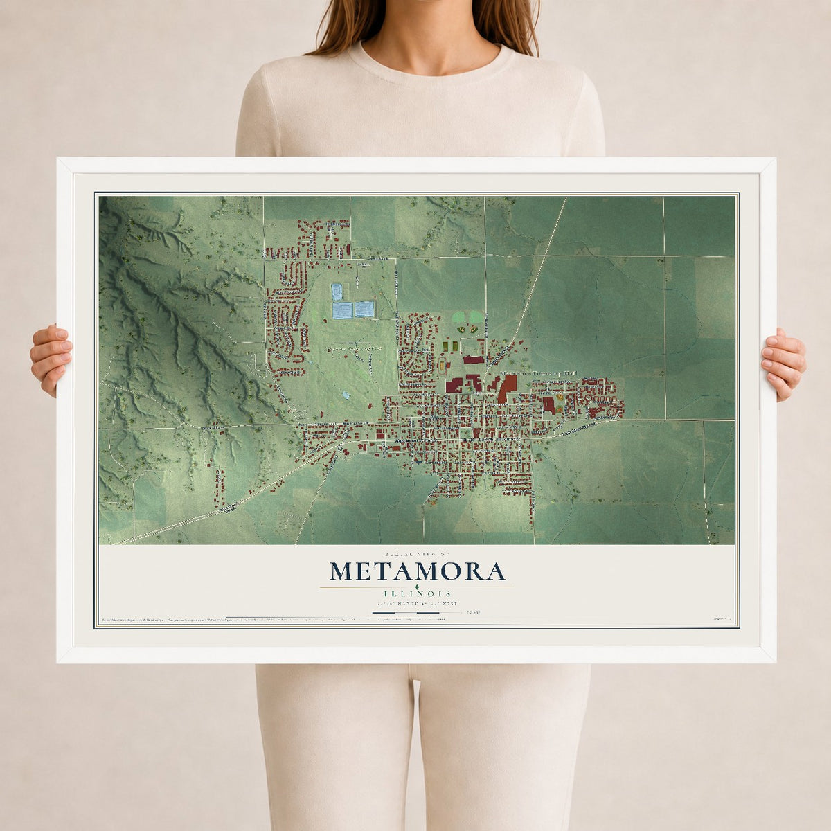 Map of Metamora, Illinois, 24 x 36 inch print in a white wood frame