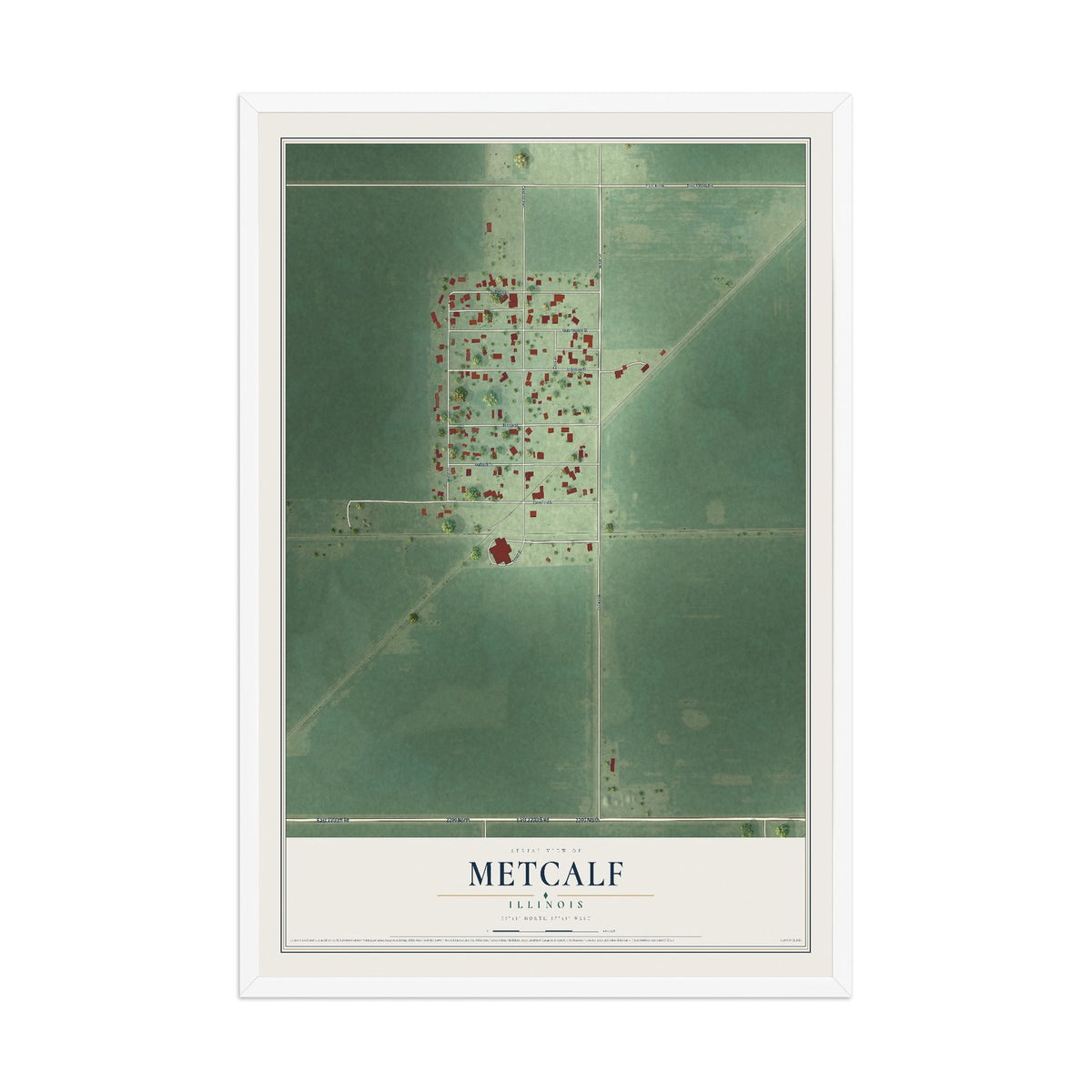 Map of Metcalf, Illinois, 12 x 18 inch print in a white wood frame