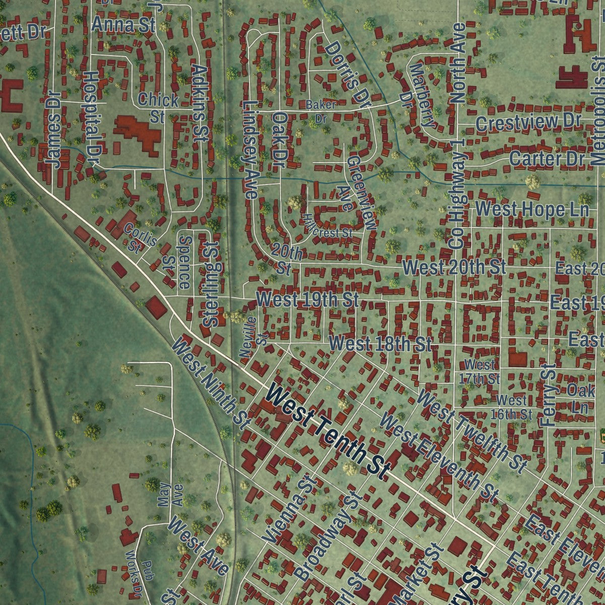 Close-up of the map of Metropolis, Illinois print showing street and building detail