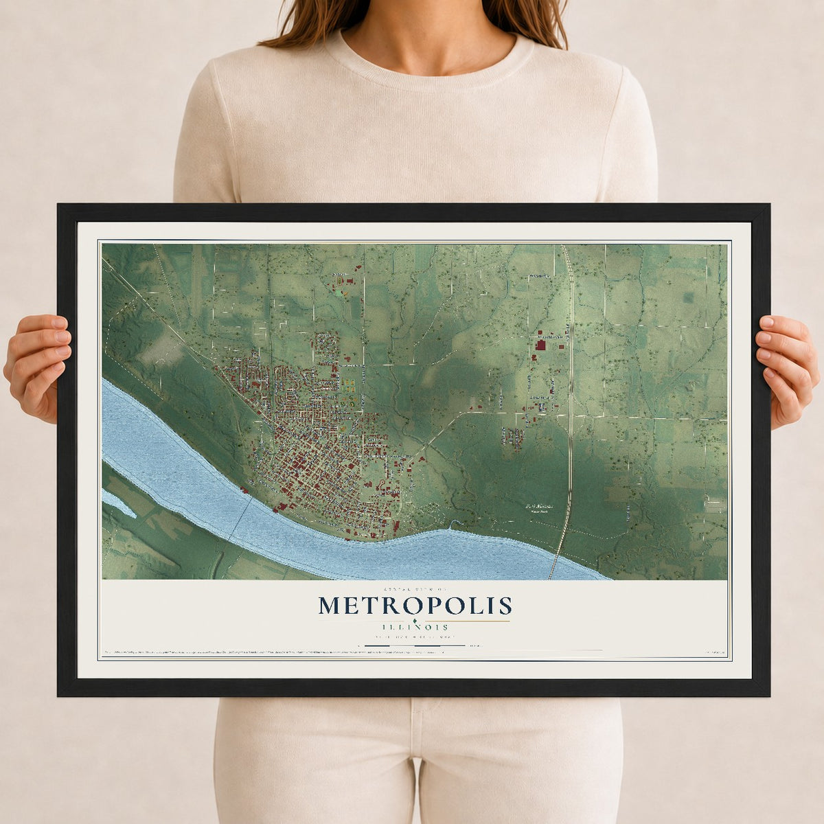 Map of Metropolis, Illinois, 12 x 18 inch print in a black wood frame