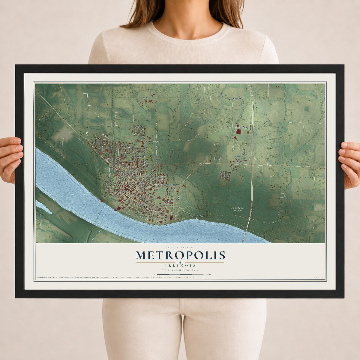 Map of Metropolis, Illinois, 18 x 24 inch print in a black wood frame