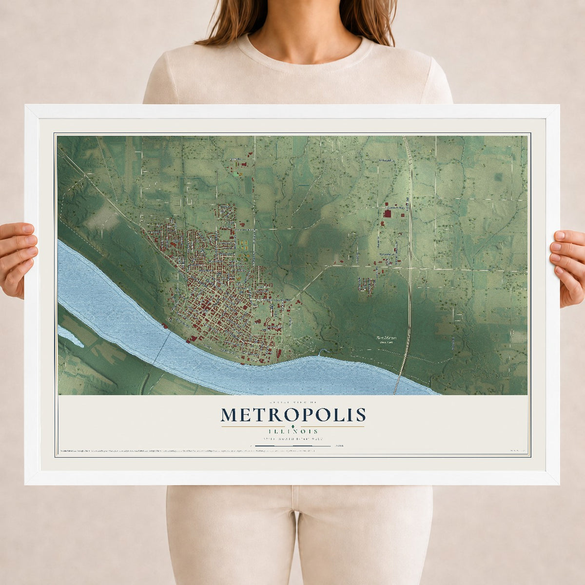 Map of Metropolis, Illinois, 18 x 24 inch print in a white wood frame