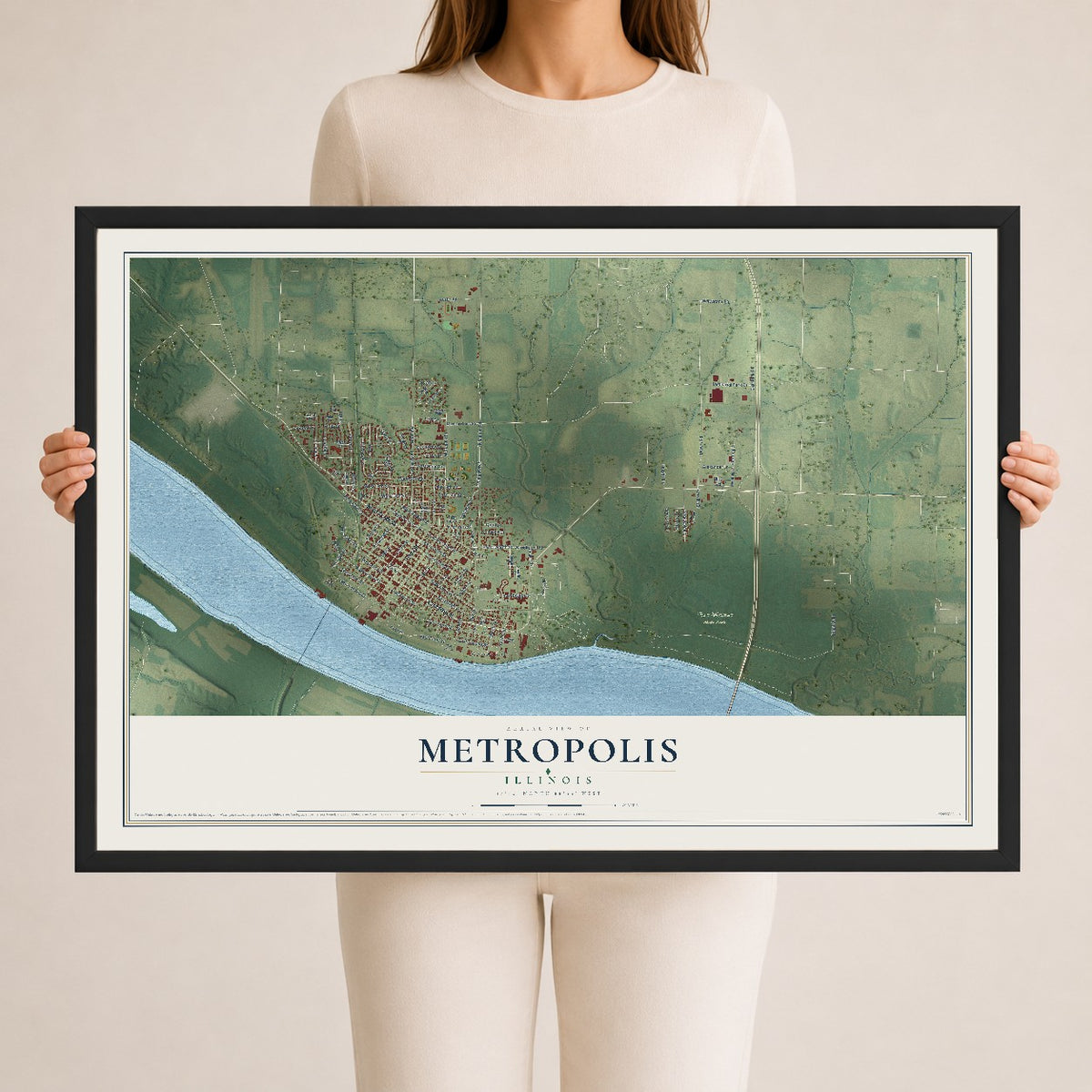 Map of Metropolis, Illinois, 24 x 36 inch print in a black wood frame
