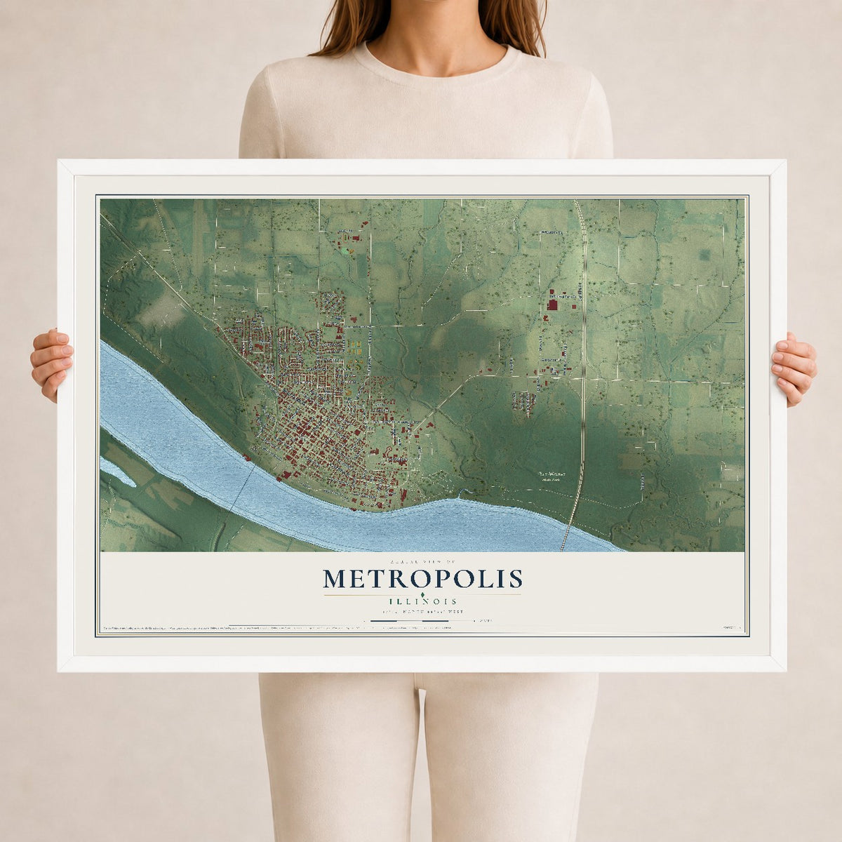 Map of Metropolis, Illinois, 24 x 36 inch print in a white wood frame