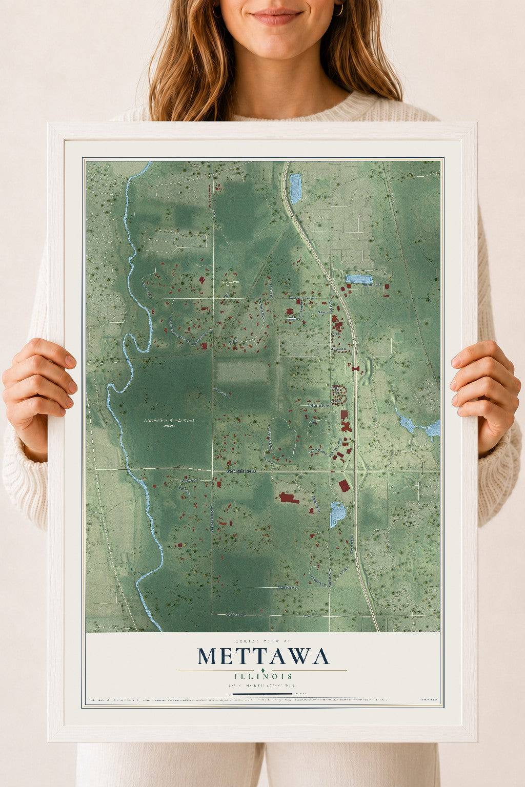 Map of Mettawa, Illinois, 18 x 24 inch print in a white wood frame