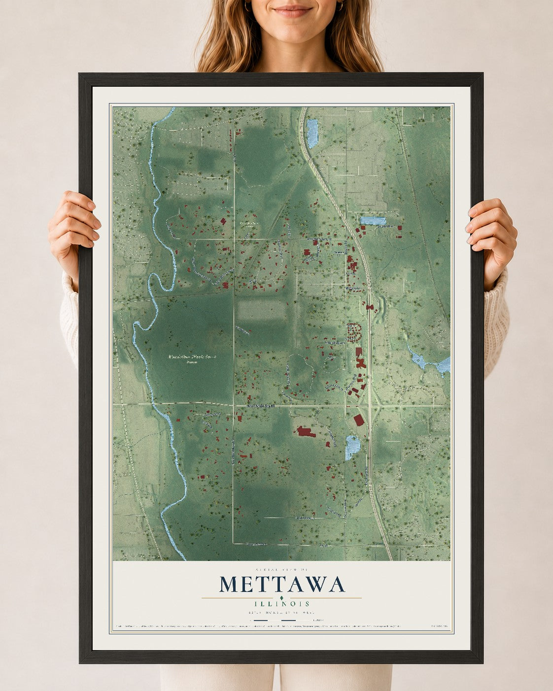 Map of Mettawa, Illinois, 24 x 36 inch print in a black wood frame