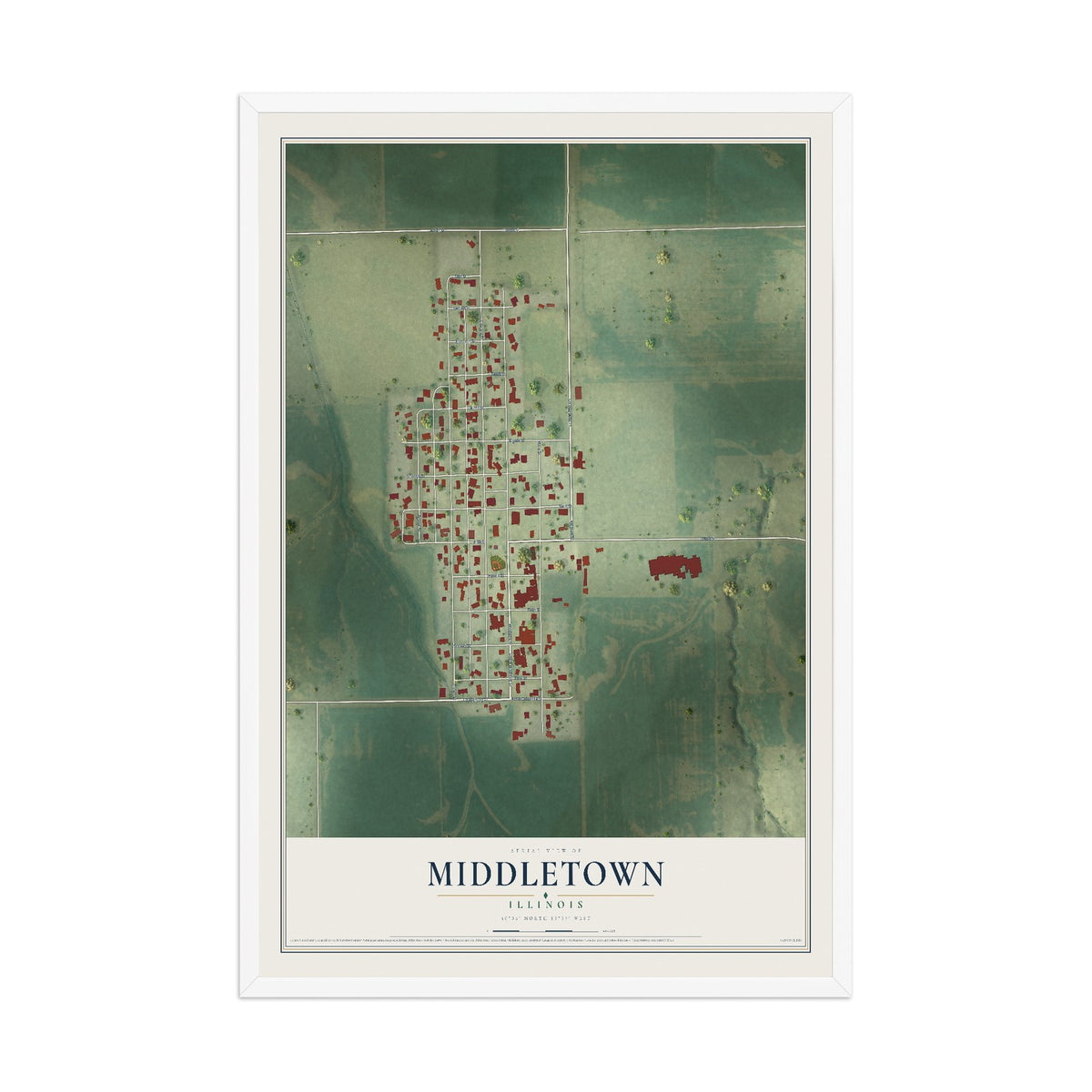 Map of Middletown, Illinois, 12 x 18 inch print in a white wood frame