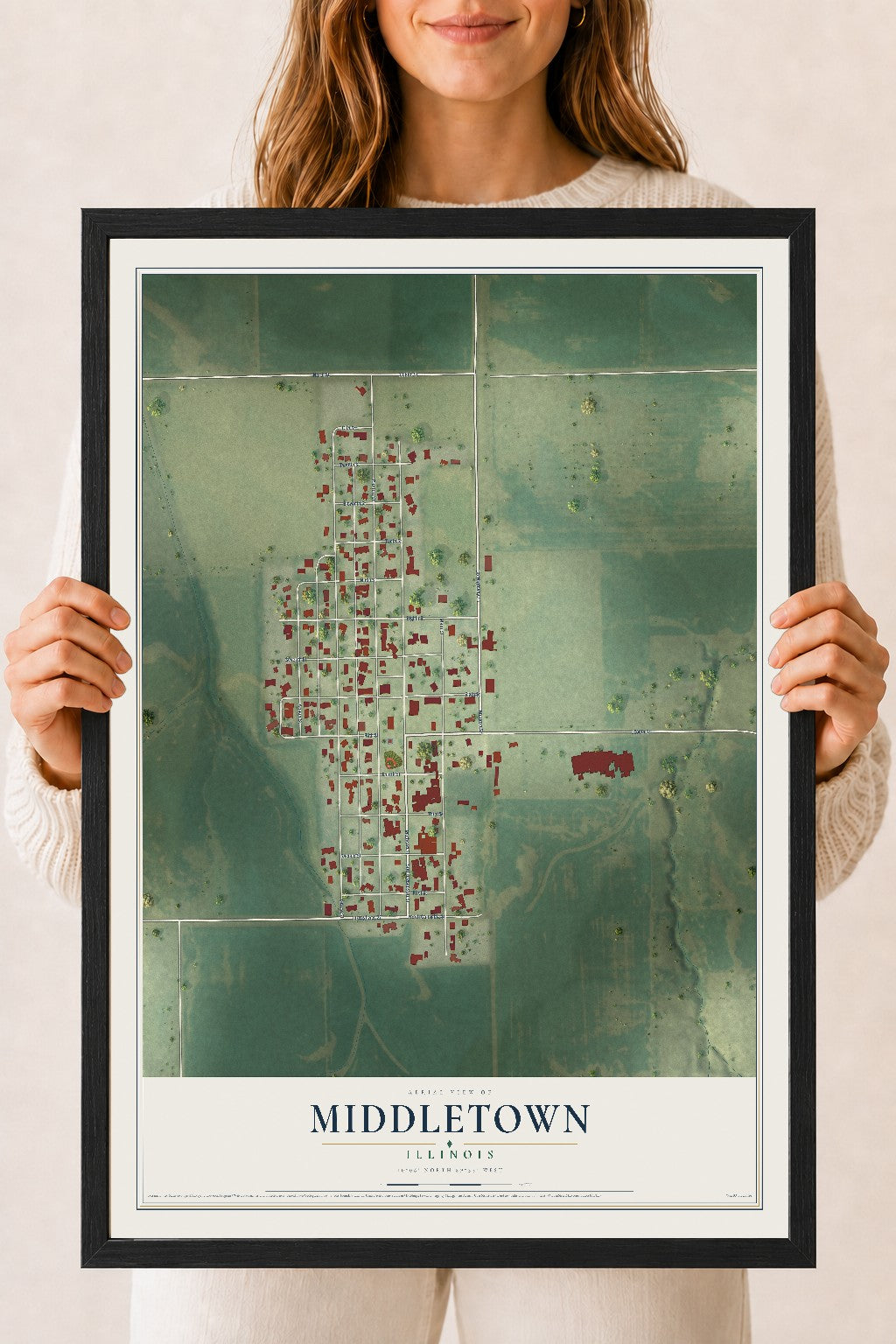 Map of Middletown, Illinois, 18 x 24 inch print in a black wood frame