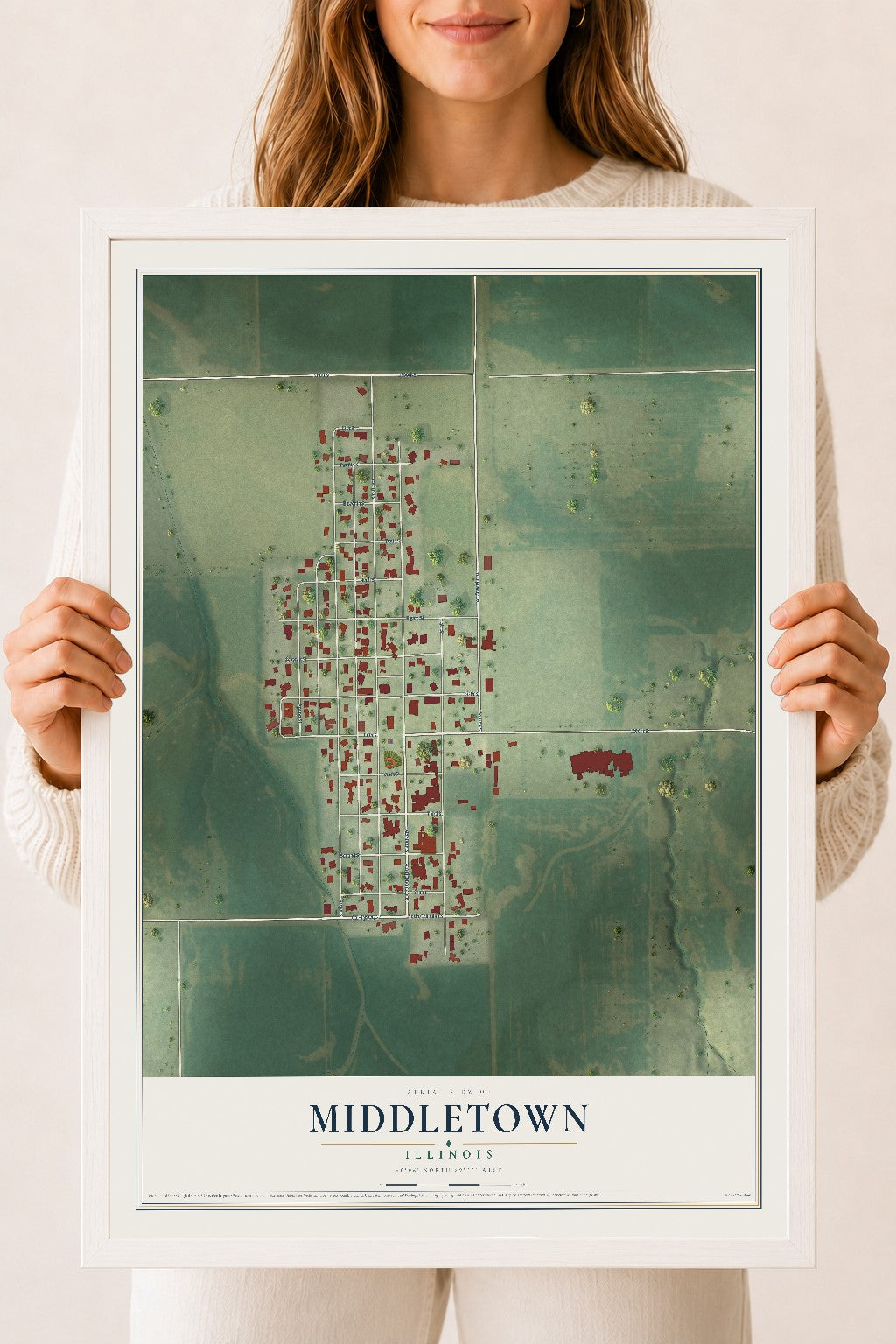 Map of Middletown, Illinois, 18 x 24 inch print in a white wood frame