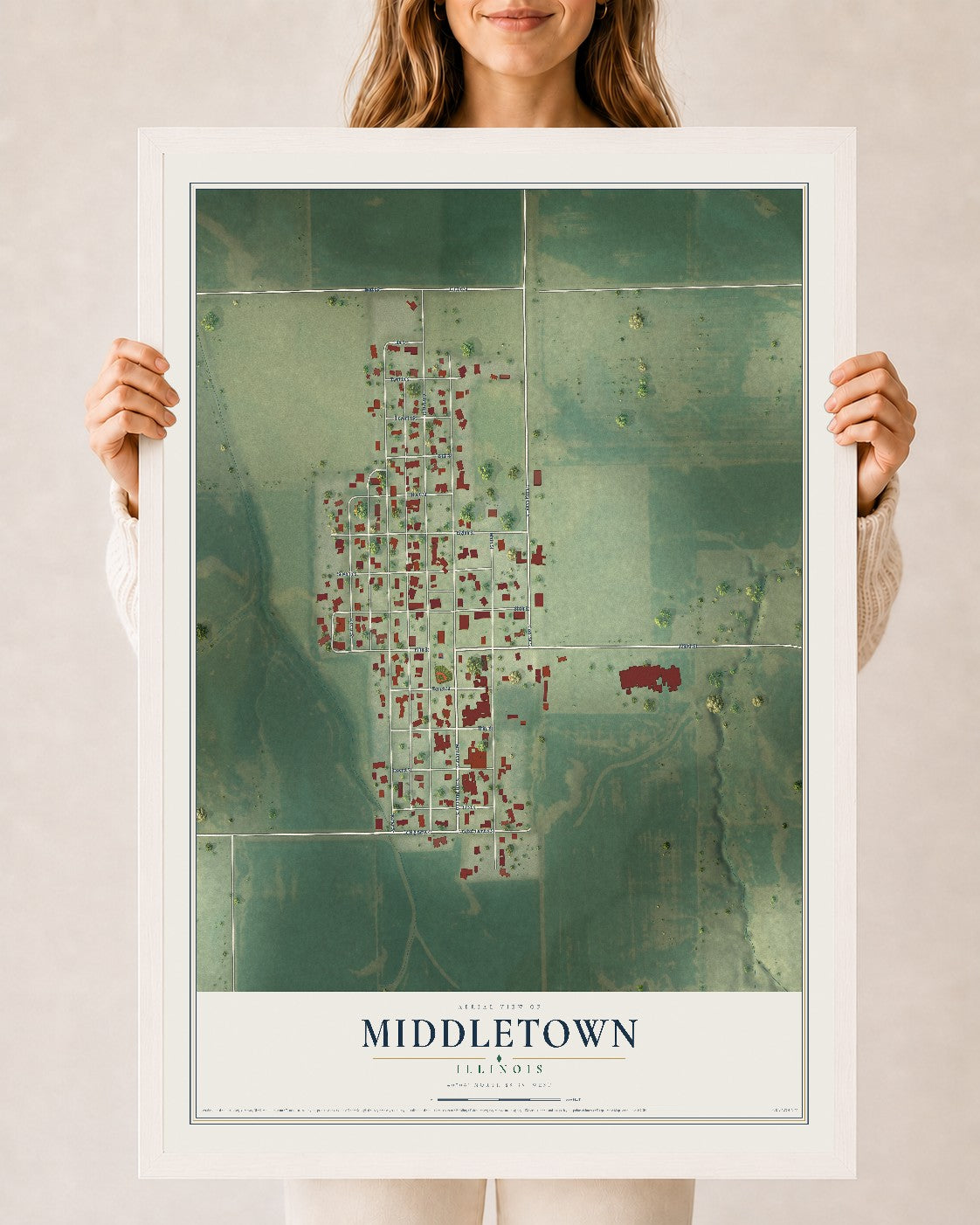 Map of Middletown, Illinois, 24 x 36 inch print in a white wood frame