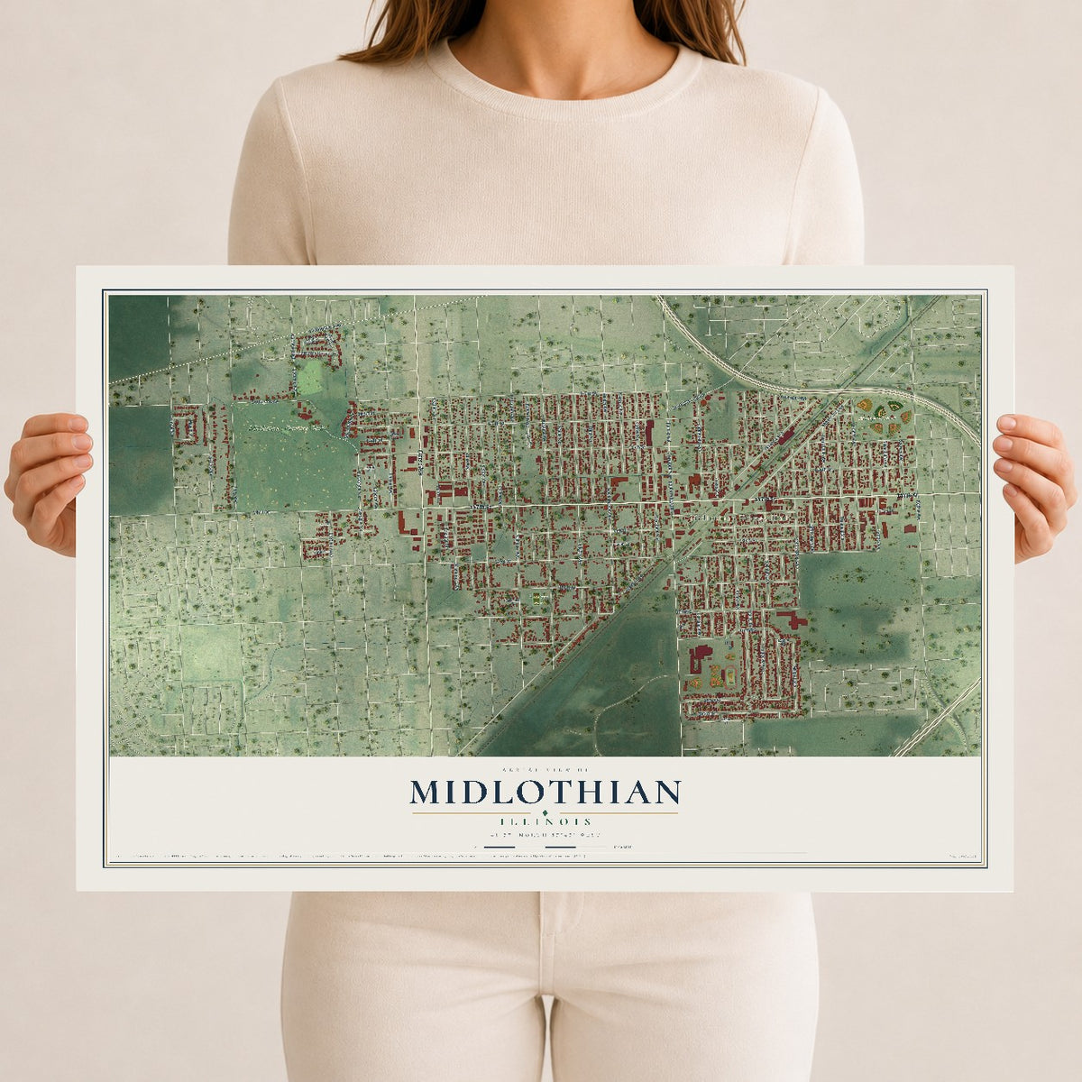 Map of Midlothian, Illinois, 12 x 18 inch unframed archival matte print