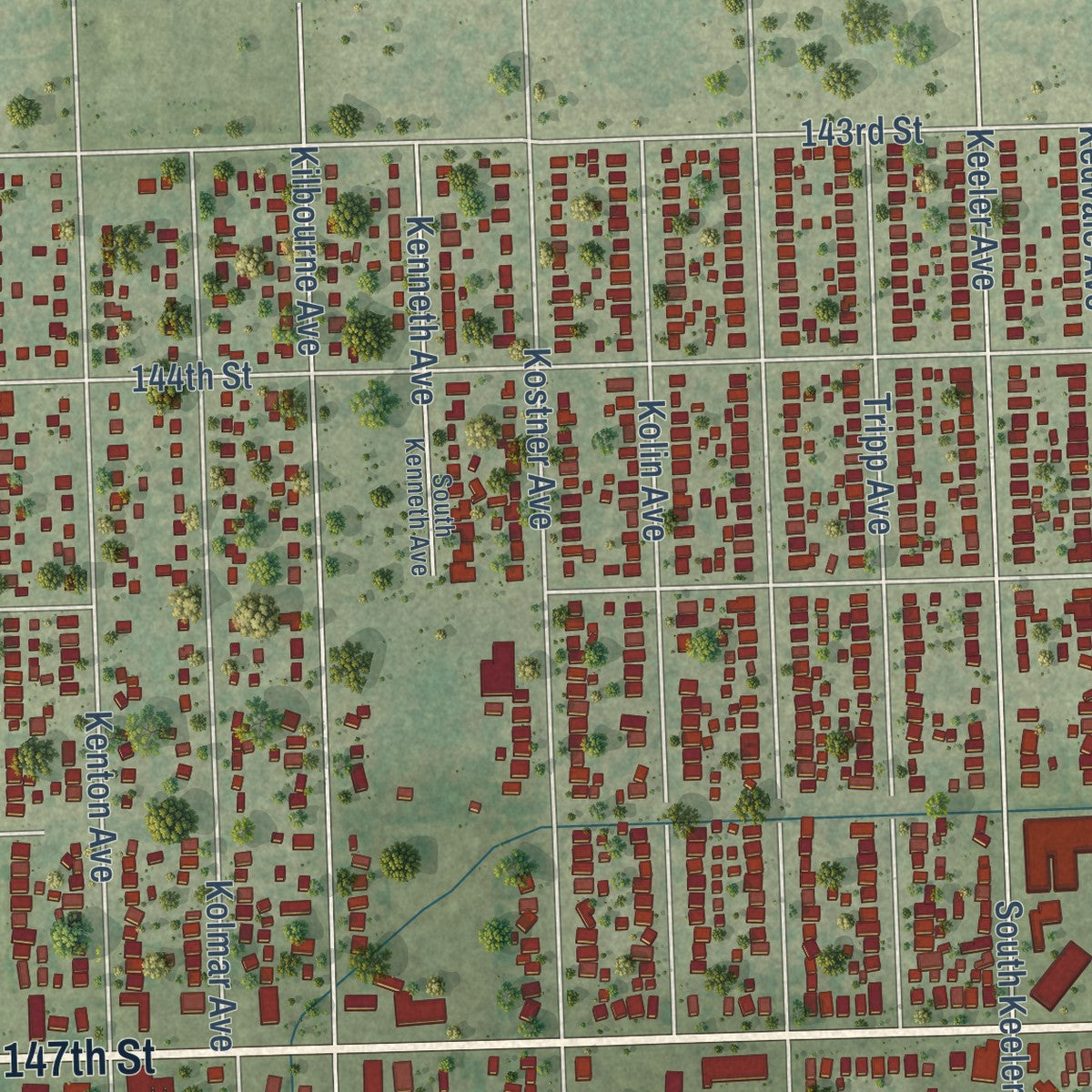 Second close-up of the map of Midlothian, Illinois print showing more streets and buildings