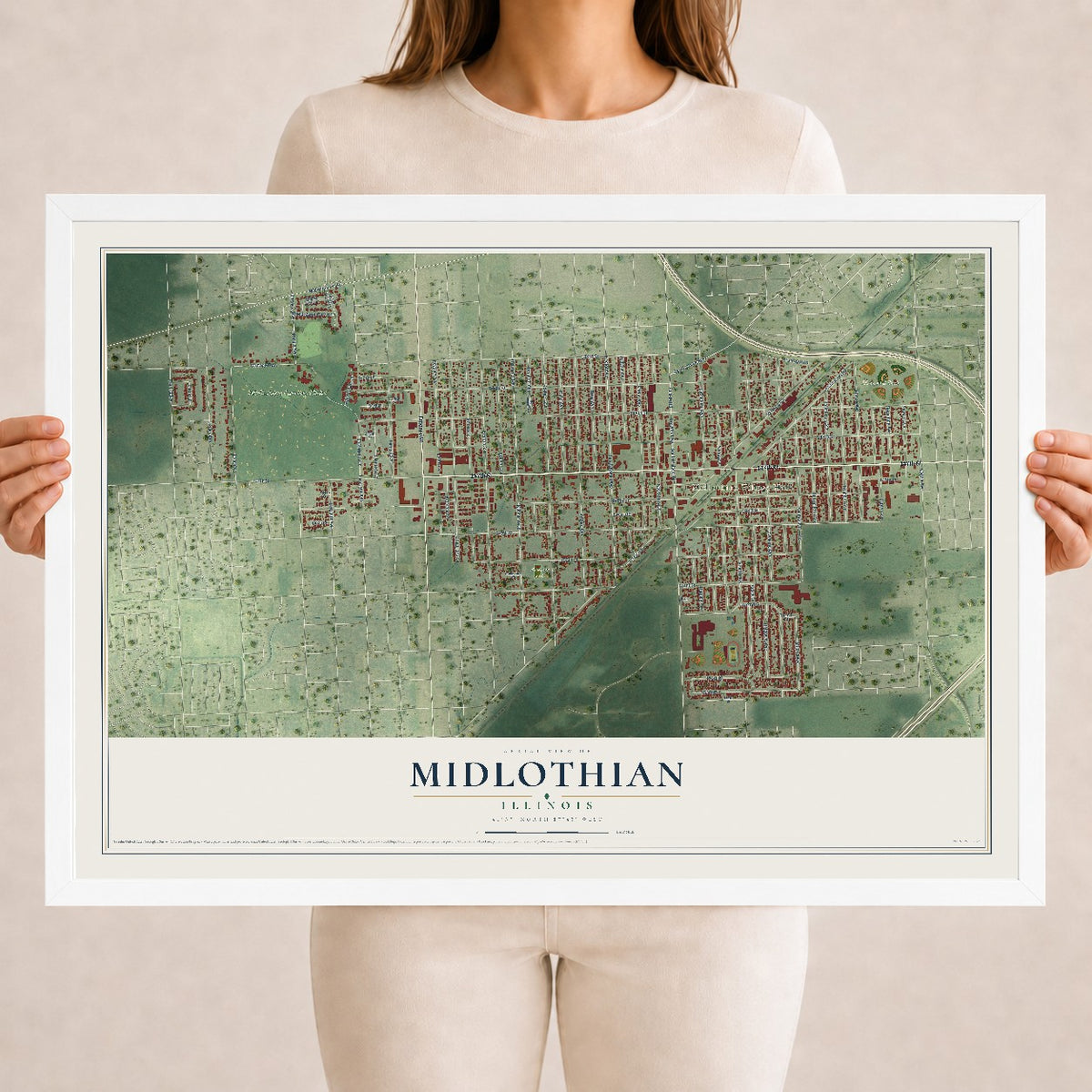 Map of Midlothian, Illinois, 18 x 24 inch print in a white wood frame
