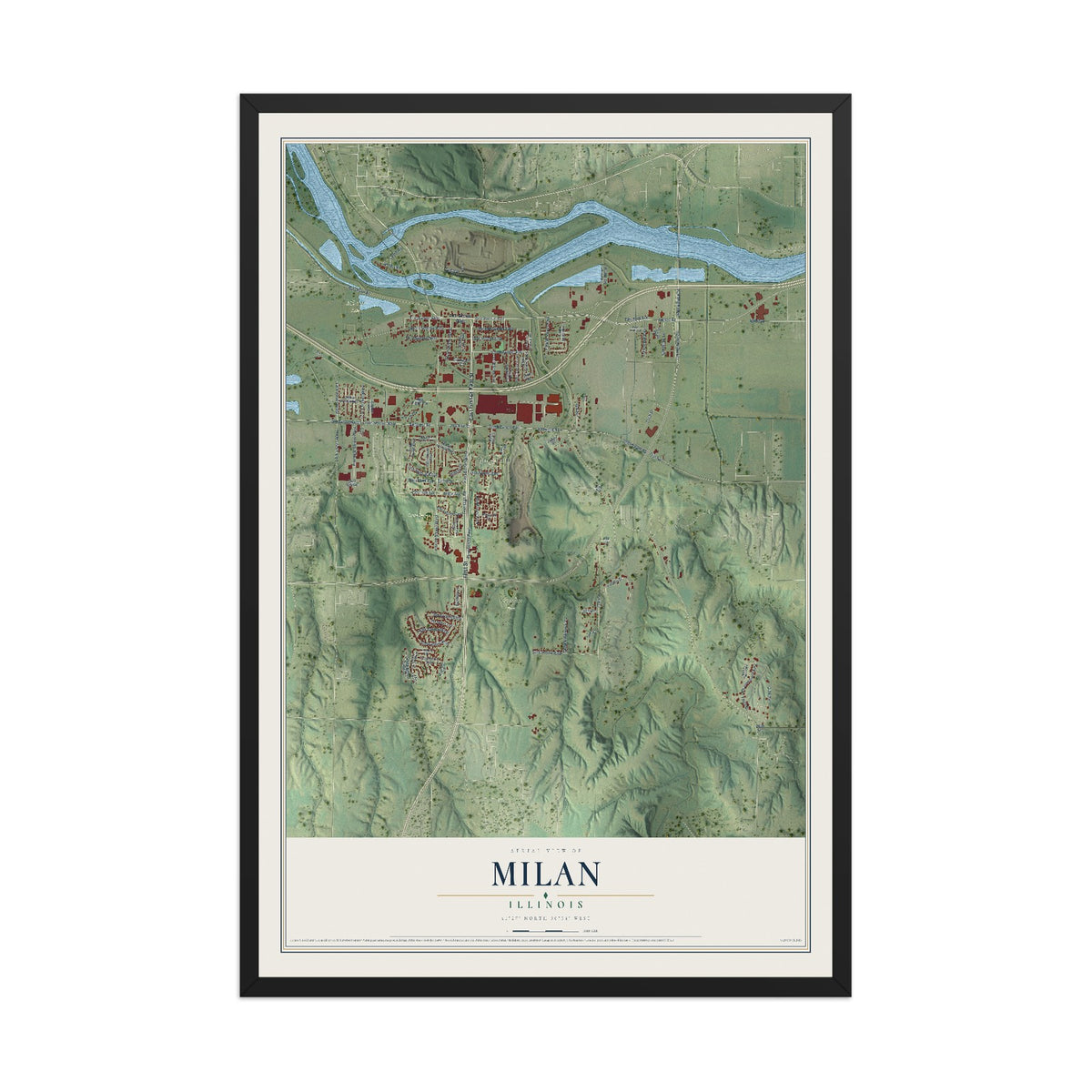 Map of Milan, Illinois, 12 x 18 inch print in a black wood frame
