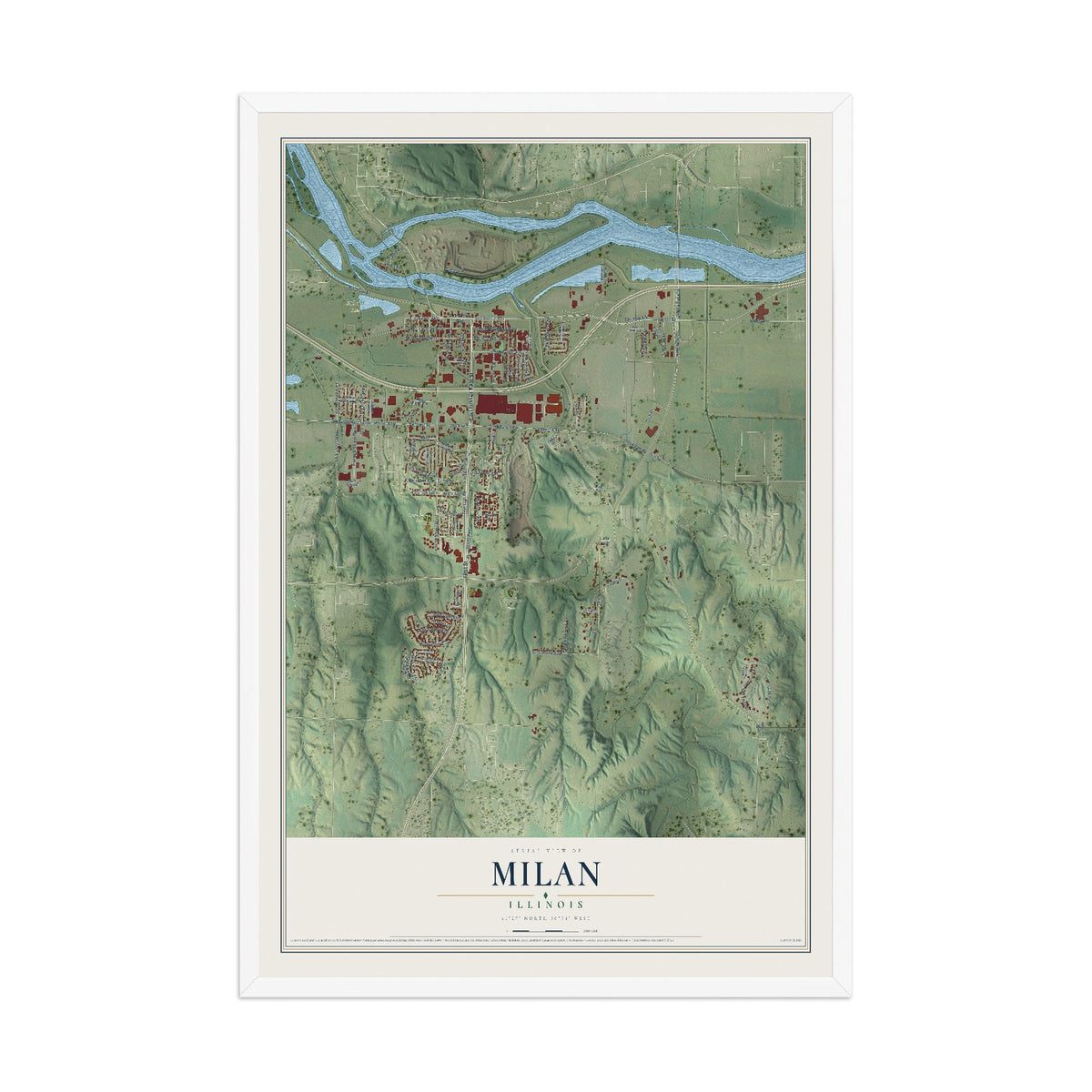 Map of Milan, Illinois, 12 x 18 inch print in a white wood frame