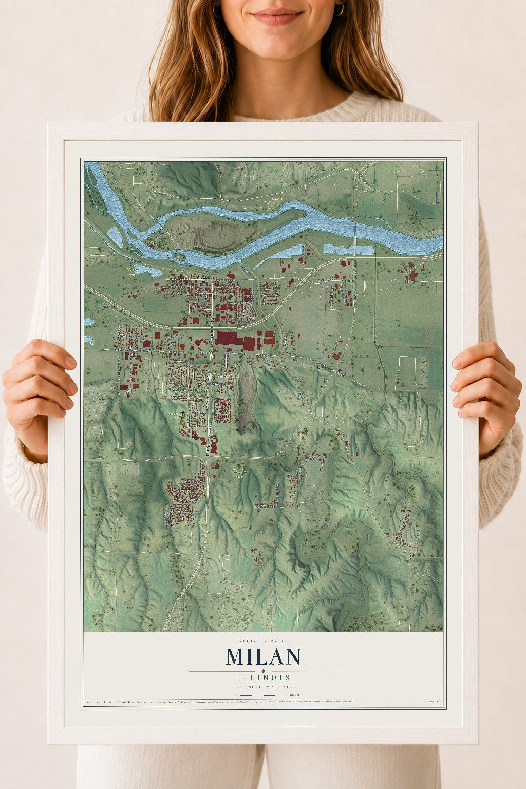 Map of Milan, Illinois, 18 x 24 inch print in a white wood frame
