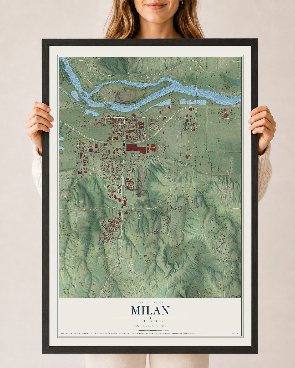 Map of Milan, Illinois, 24 x 36 inch print in a black wood frame