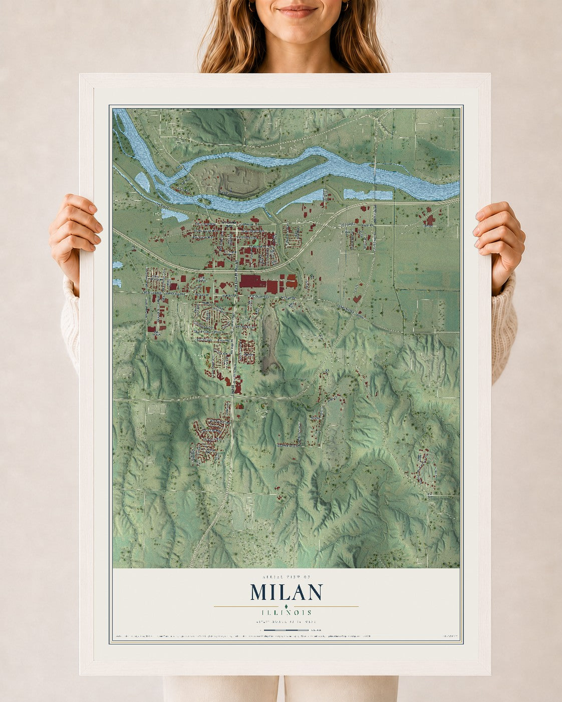 Map of Milan, Illinois, 24 x 36 inch print in a white wood frame