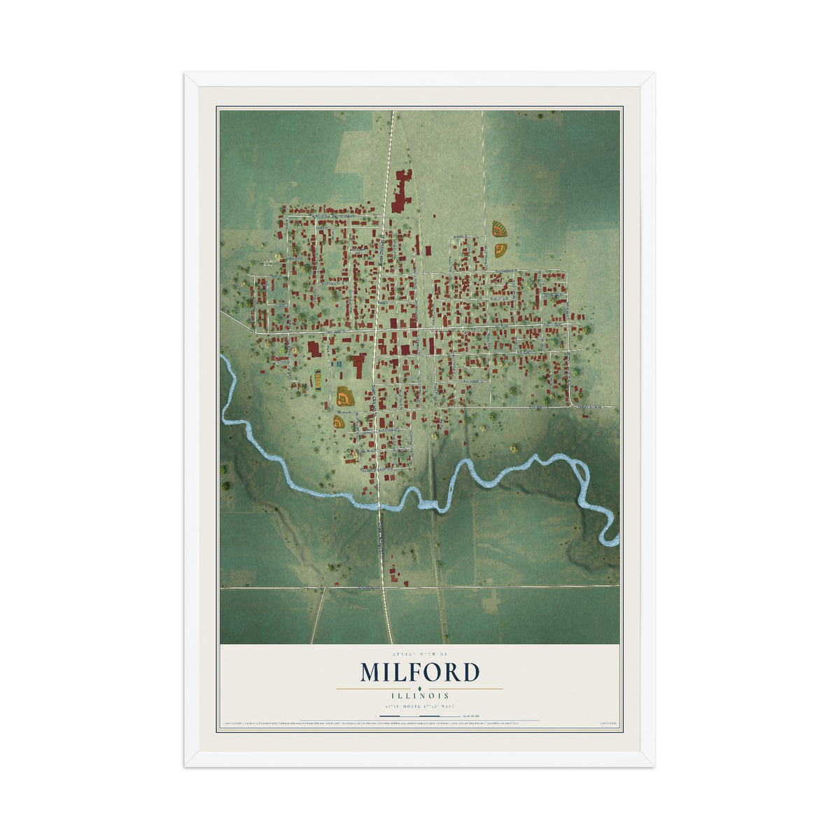 Map of Milford, Illinois, 12 x 18 inch print in a white wood frame
