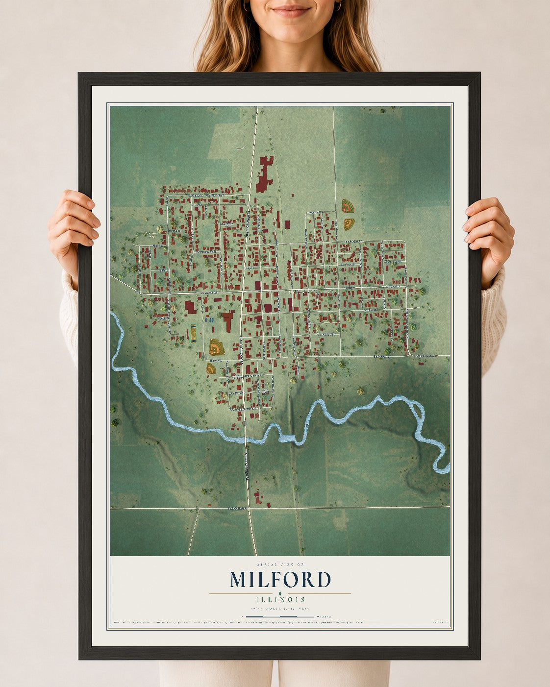 Map of Milford, Illinois, 24 x 36 inch print in a black wood frame