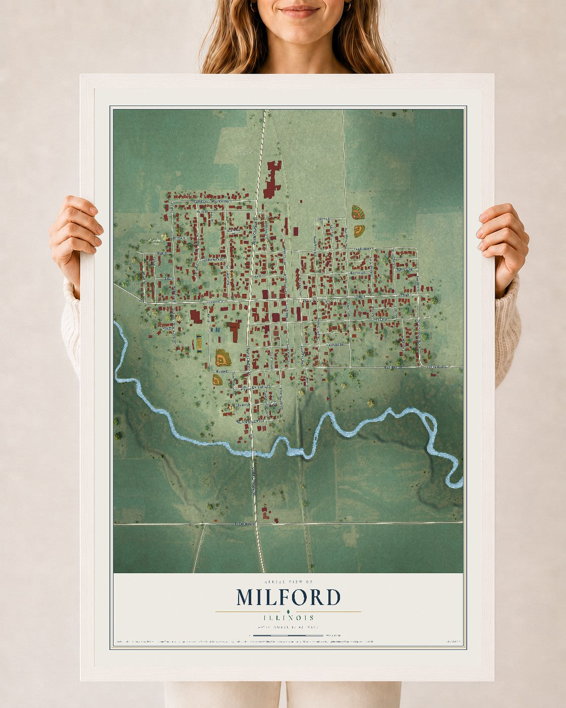 Map of Milford, Illinois, 24 x 36 inch print in a white wood frame