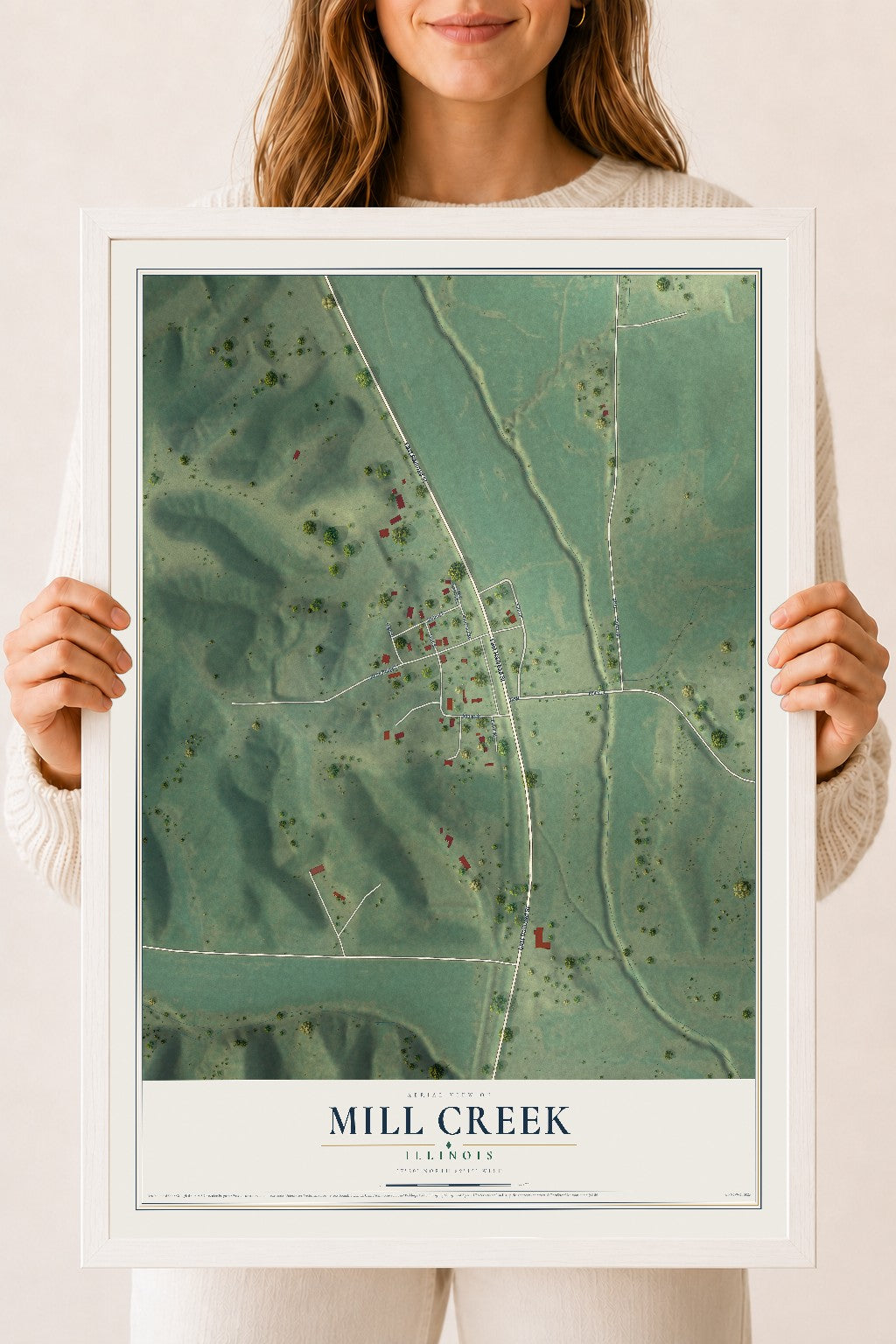 Map of Mill Creek, Illinois, 18 x 24 inch print in a white wood frame
