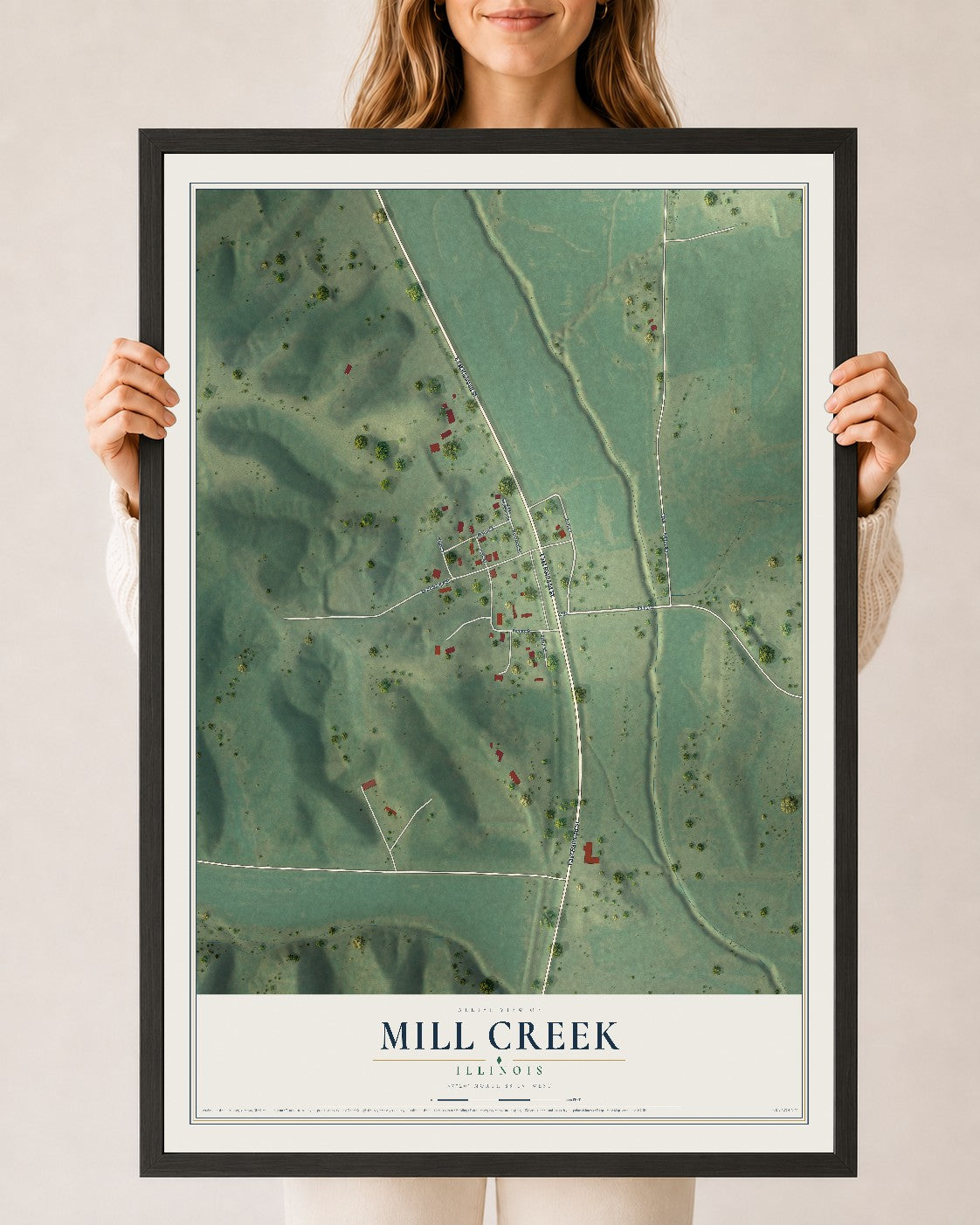 Map of Mill Creek, Illinois, 24 x 36 inch print in a black wood frame