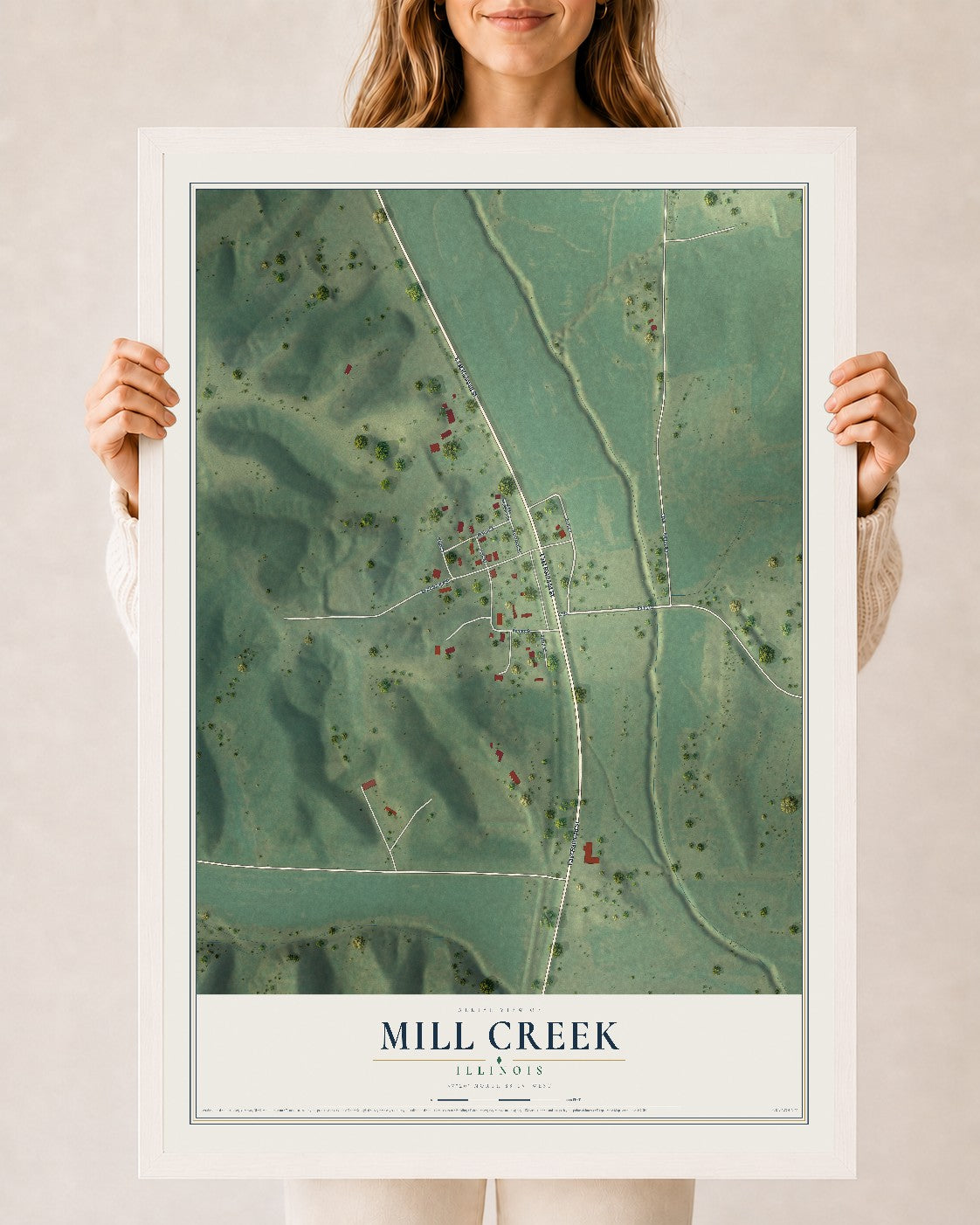 Map of Mill Creek, Illinois, 24 x 36 inch print in a white wood frame