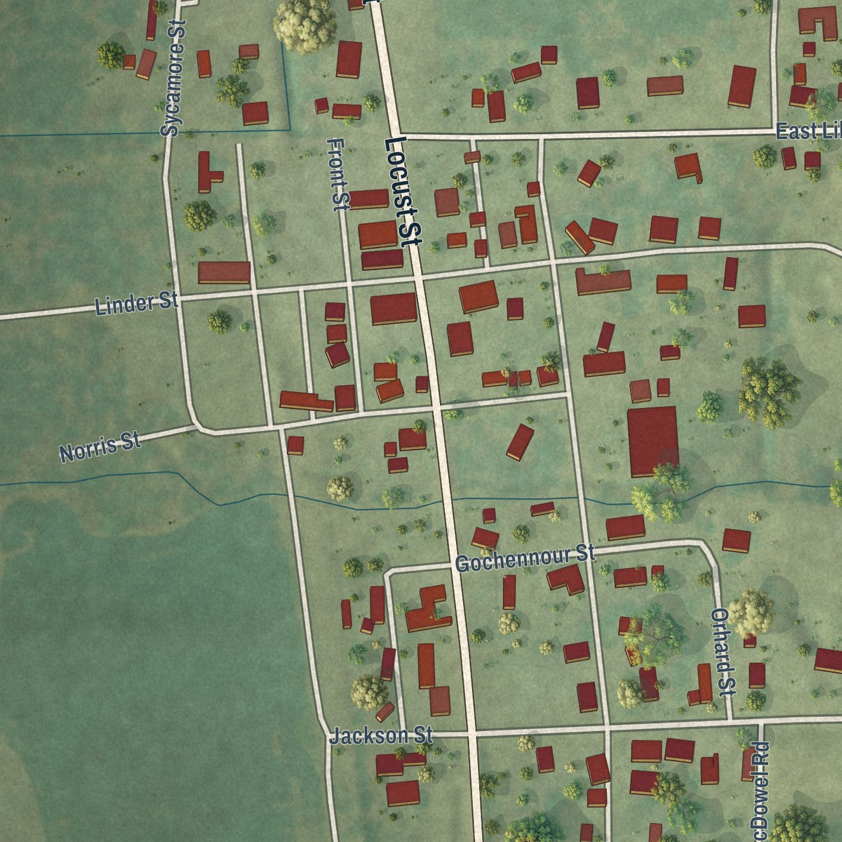 Close-up of the map of Mill Shoals, Illinois print showing street and building detail